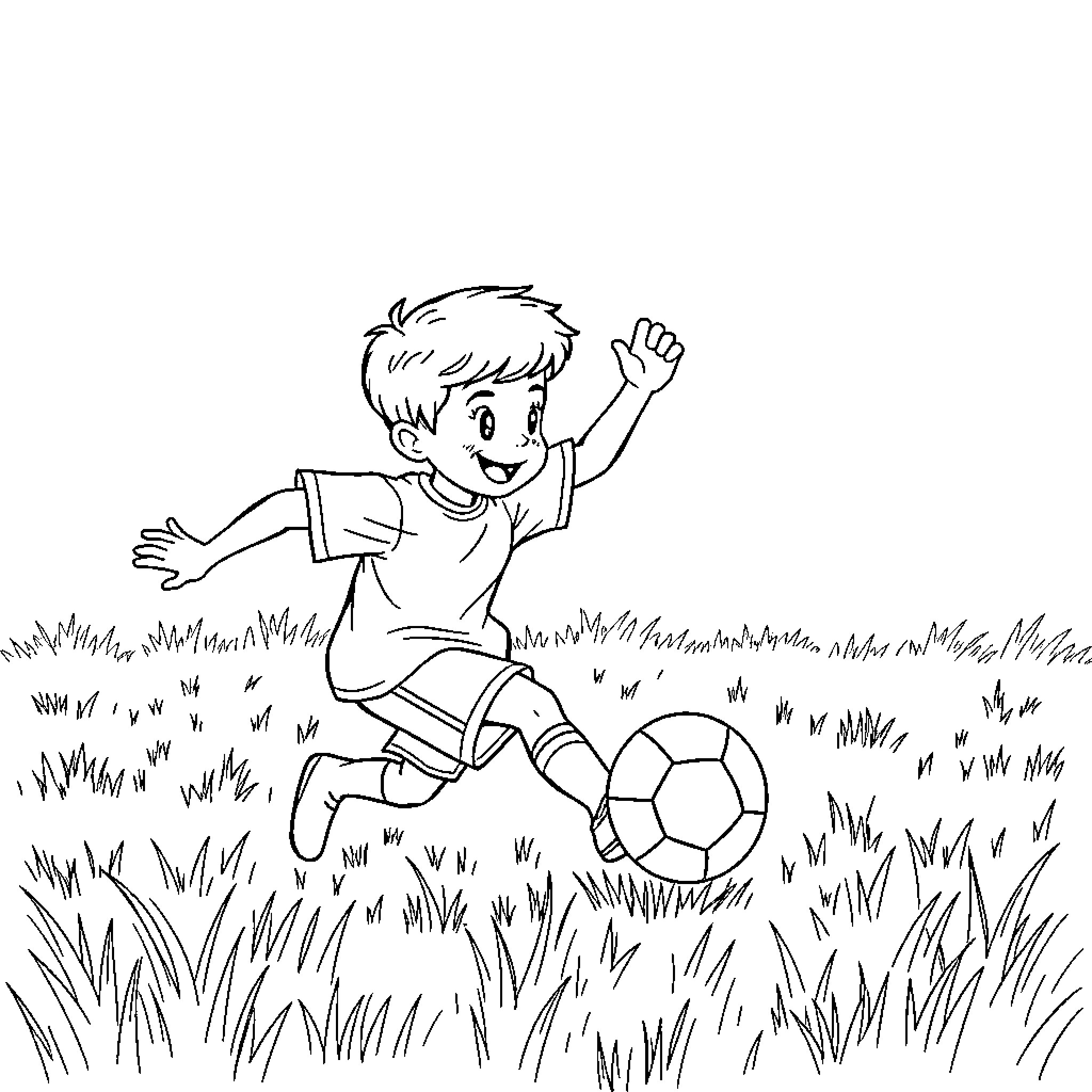 Kid playing joyfully with soccer ball in field Coloring Page (free black-and-white line drawing printable PDF for all, from beginners to advanced learners, including children, teens, adults, and seniors)