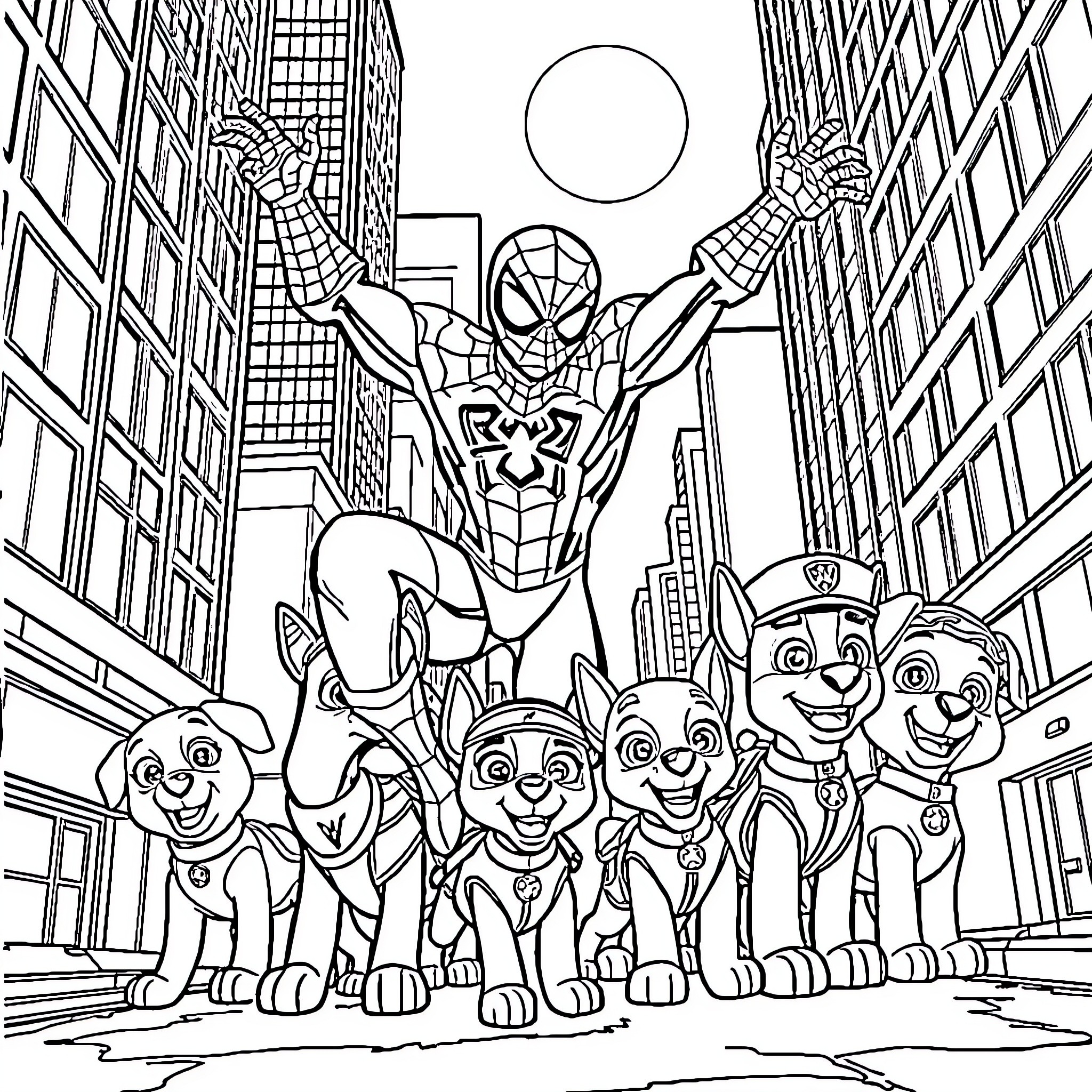 Spiderman and Paw Patrol Heroes Saving the City Coloring Page (free black-and-white line drawing printable PDF for all, from beginners to advanced learners, including children, teens, adults, and seniors)