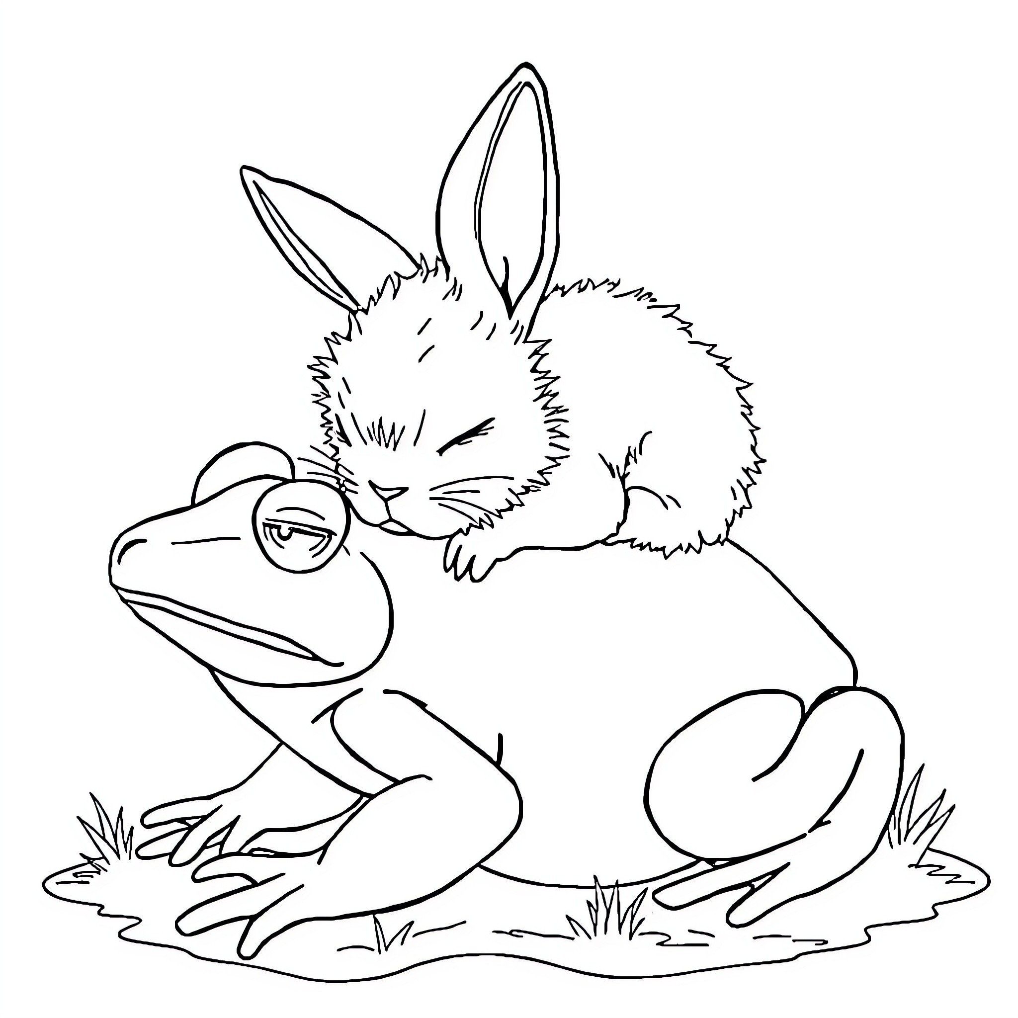 Bunny lounging with curious frog Coloring Page (free black-and-white line drawing printable PDF for all, from beginners to advanced learners, including children, teens, adults, and seniors)