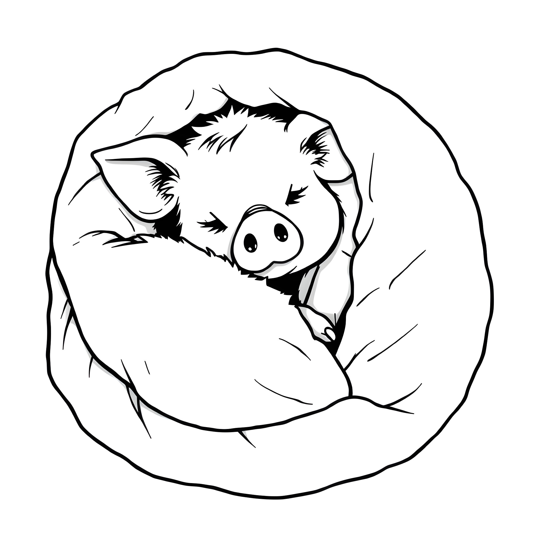 Pig curled up in cozy spot Coloring Page (free black-and-white line drawing printable PDF for all, from beginners to advanced learners, including children, teens, adults, and seniors)