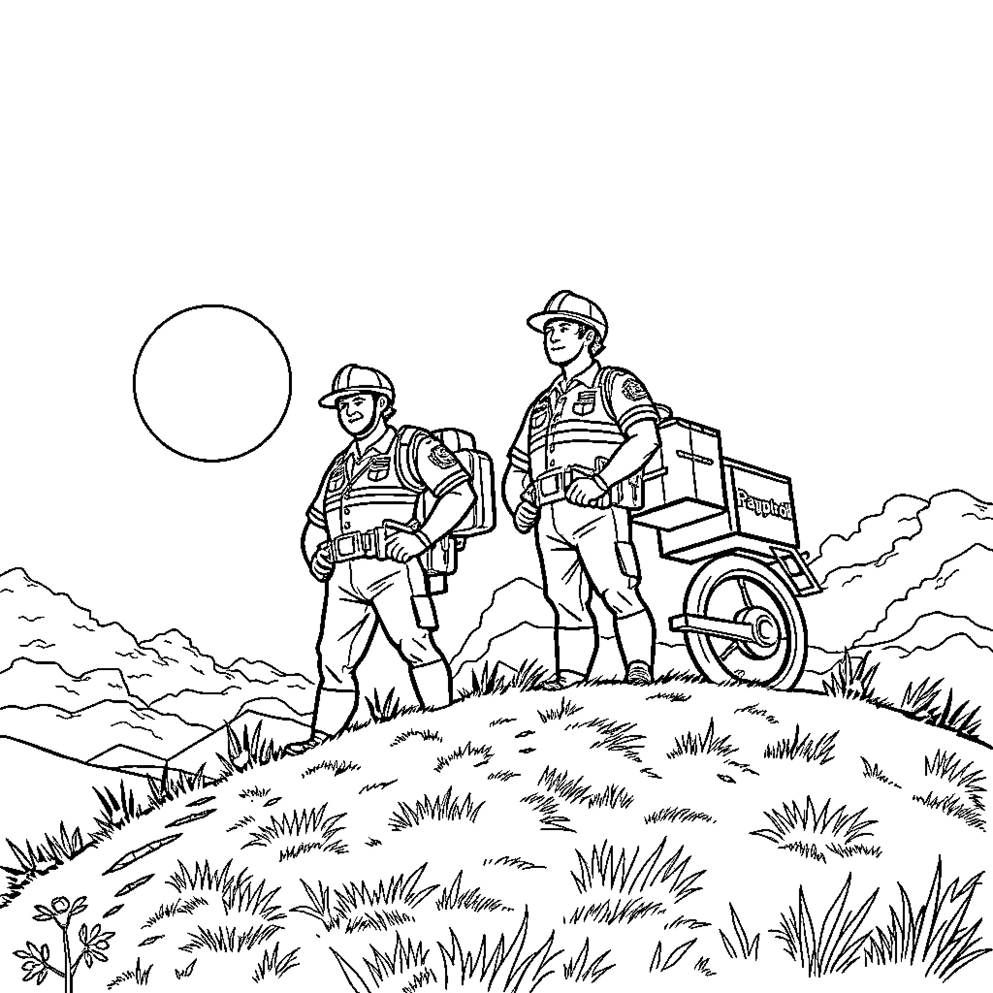 Paypatrol officers surveying the landscape Coloring Page (free black-and-white line drawing printable PDF for all, from beginners to advanced learners, including children, teens, adults, and seniors)