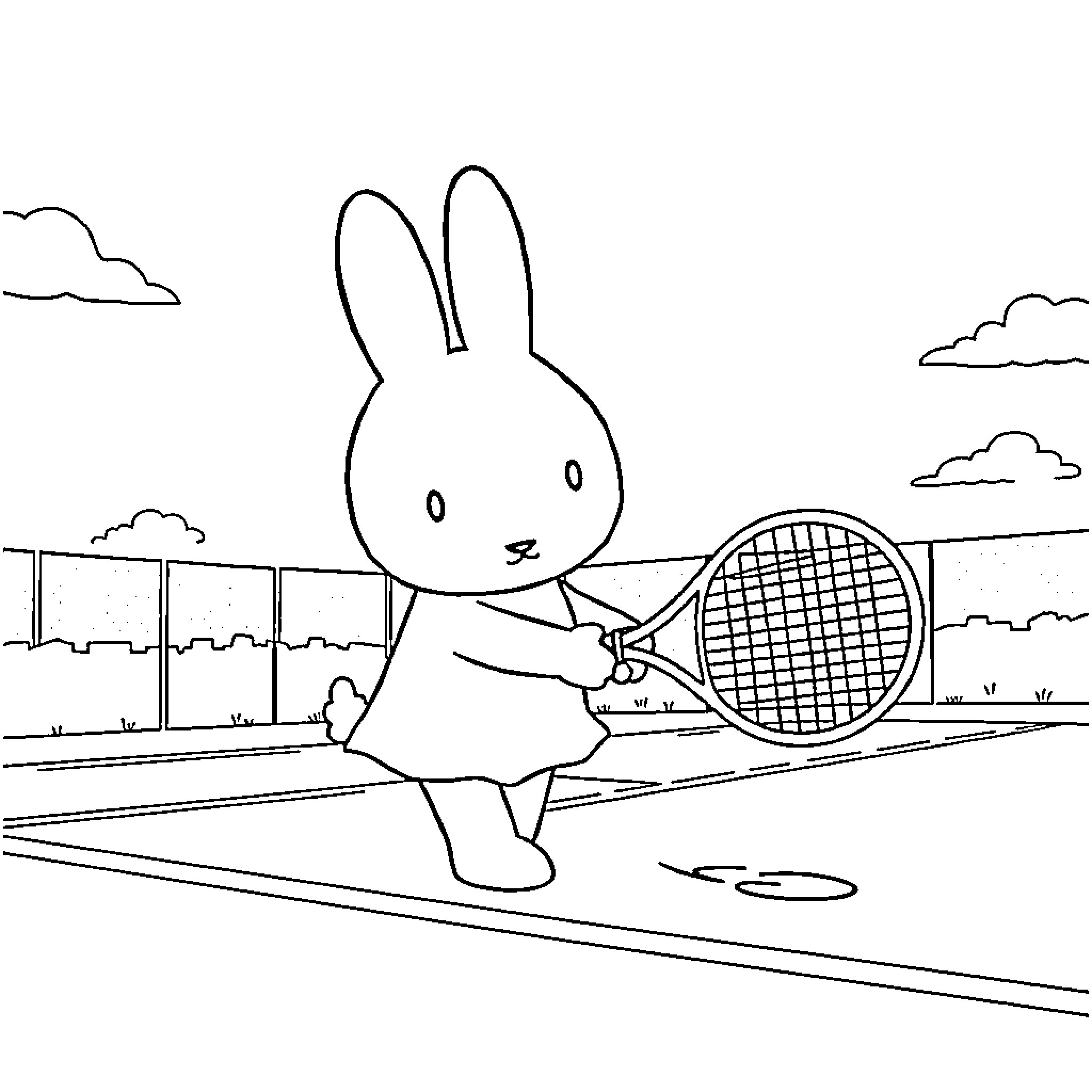 Miffy playing tennis on the court Coloring Page (free black-and-white line drawing printable PDF for all, from beginners to advanced learners, including children, teens, adults, and seniors)