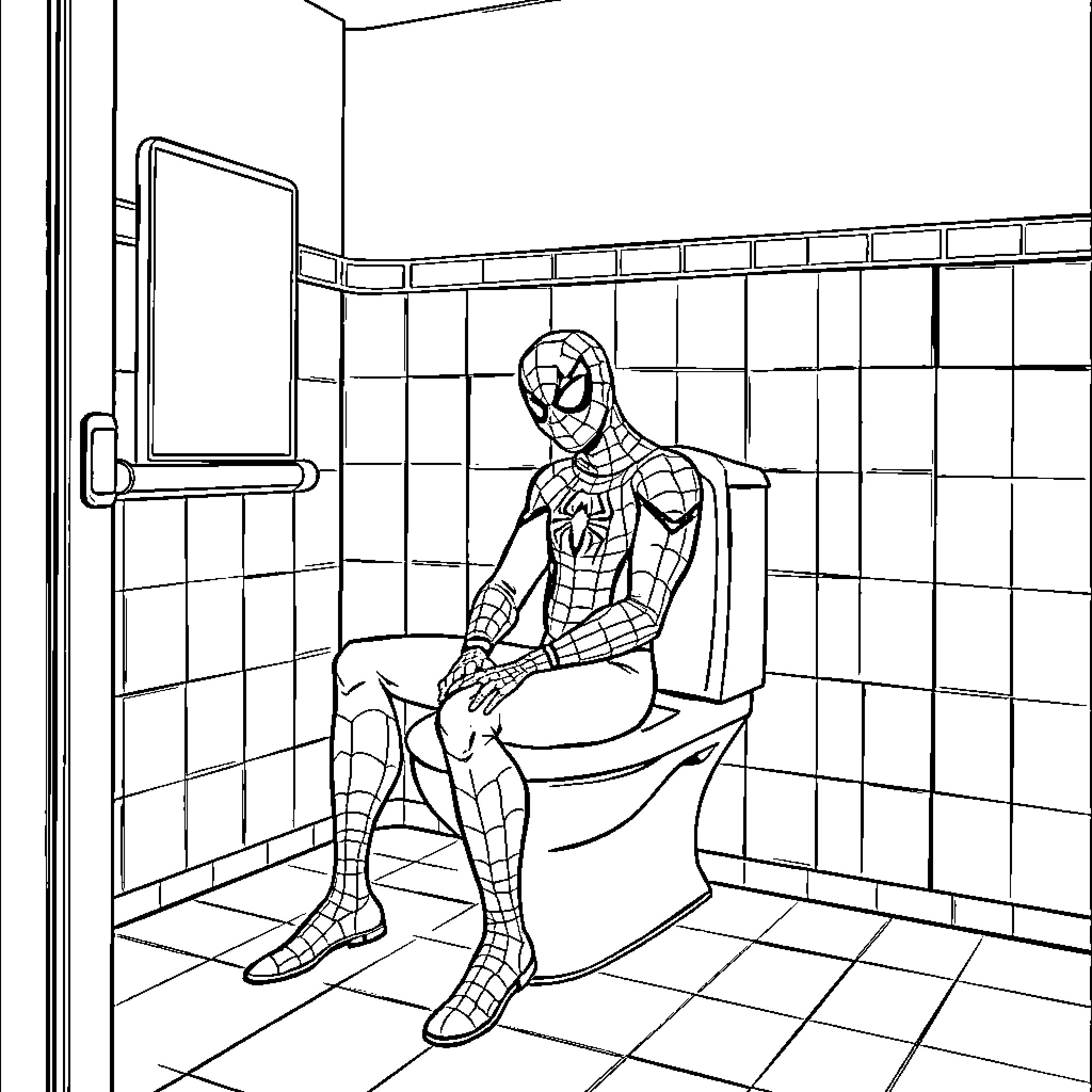 Spider-Man in the bathroom Coloring Page (free black-and-white line drawing printable PDF for all, from beginners to advanced learners, including children, teens, adults, and seniors)
