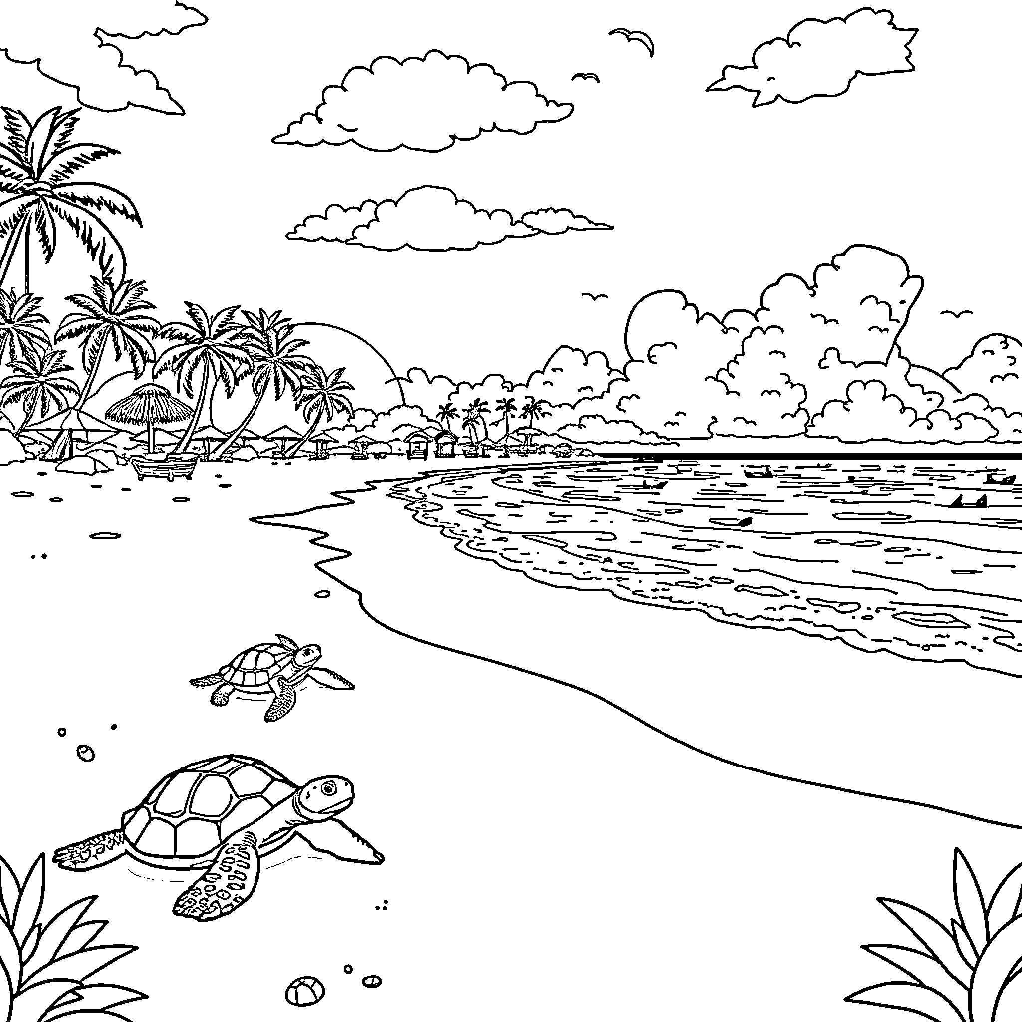 Playa with beachside turtles and palm trees Coloring Page (free black-and-white line drawing printable PDF for all, from beginners to advanced learners, including children, teens, adults, and seniors)