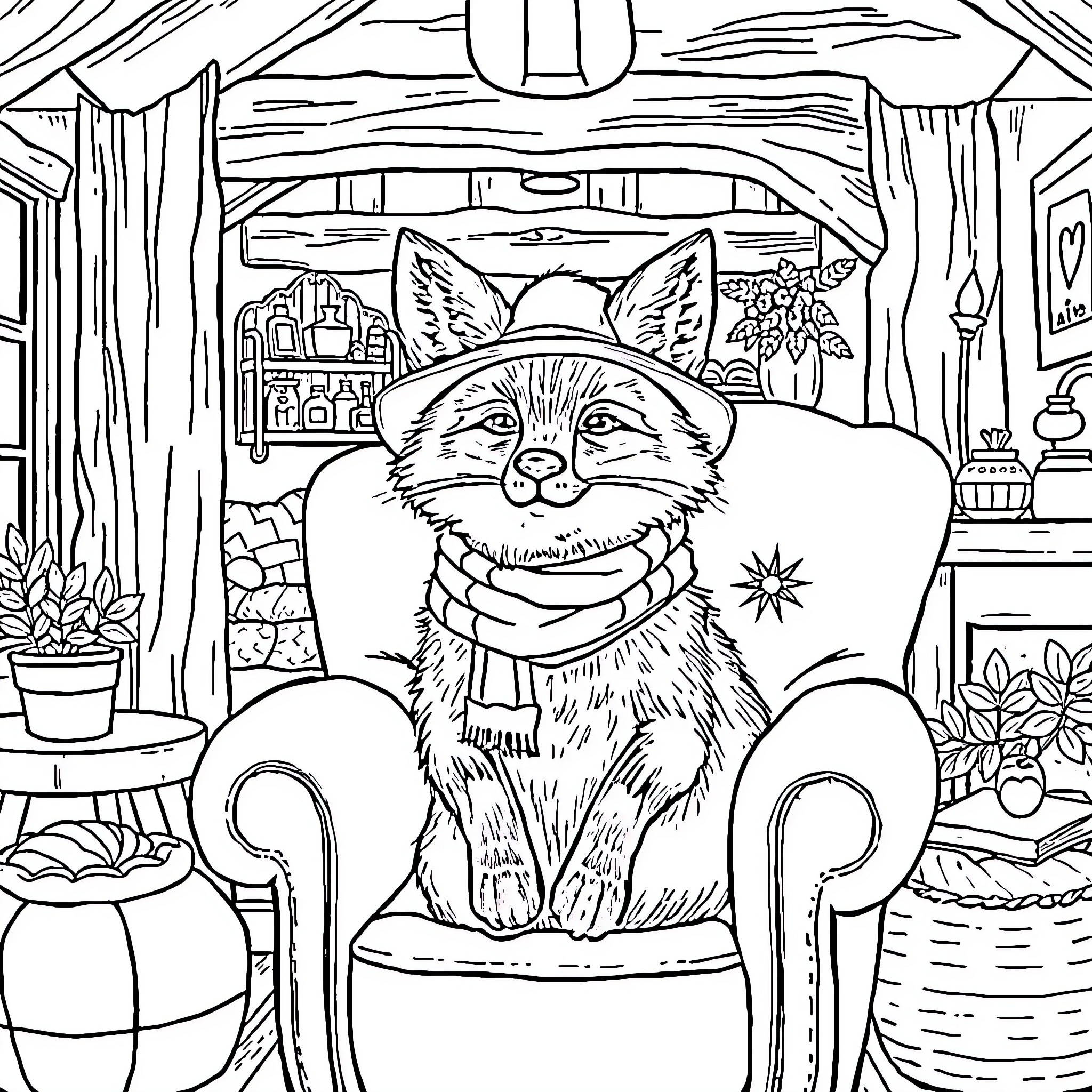 Fox relaxing contentedly in a cozy cabin Coloring Page (free black-and-white line drawing printable PDF for all, from beginners to advanced learners, including children, teens, adults, and seniors)