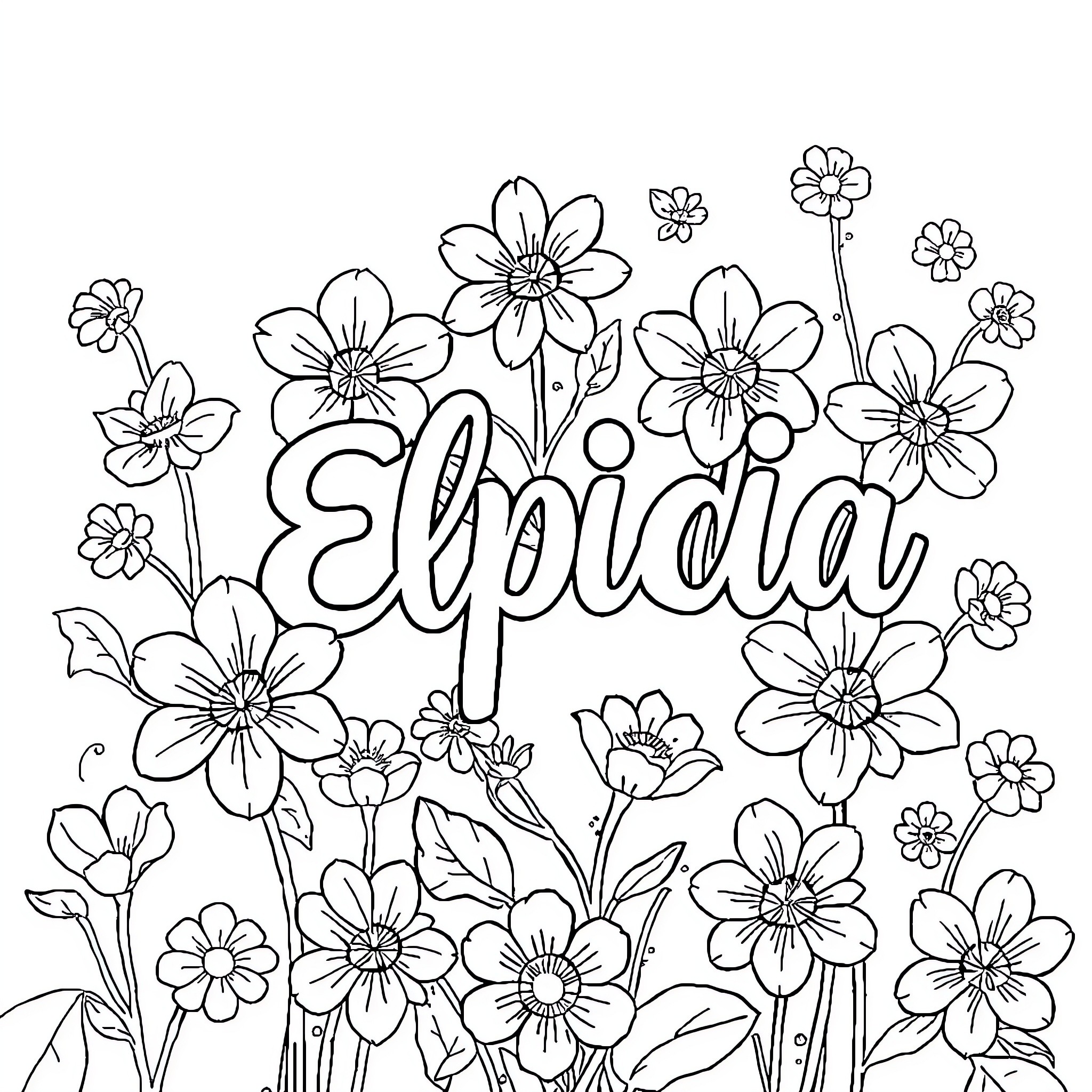 Elpida's Floral Delight Coloring Page (free black-and-white line drawing printable PDF for all, from beginners to advanced learners, including children, teens, adults, and seniors)