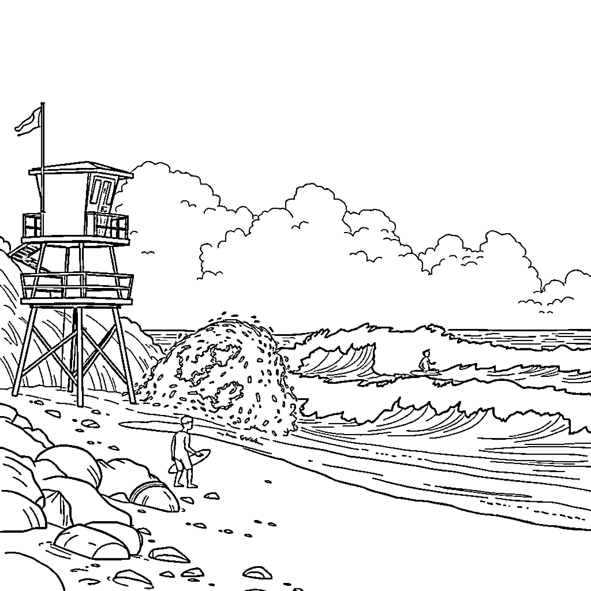 Surfing the waves at the coastal beach Coloring Page (free black-and-white line drawing printable PDF for all, from beginners to advanced learners, including children, teens, adults, and seniors)
