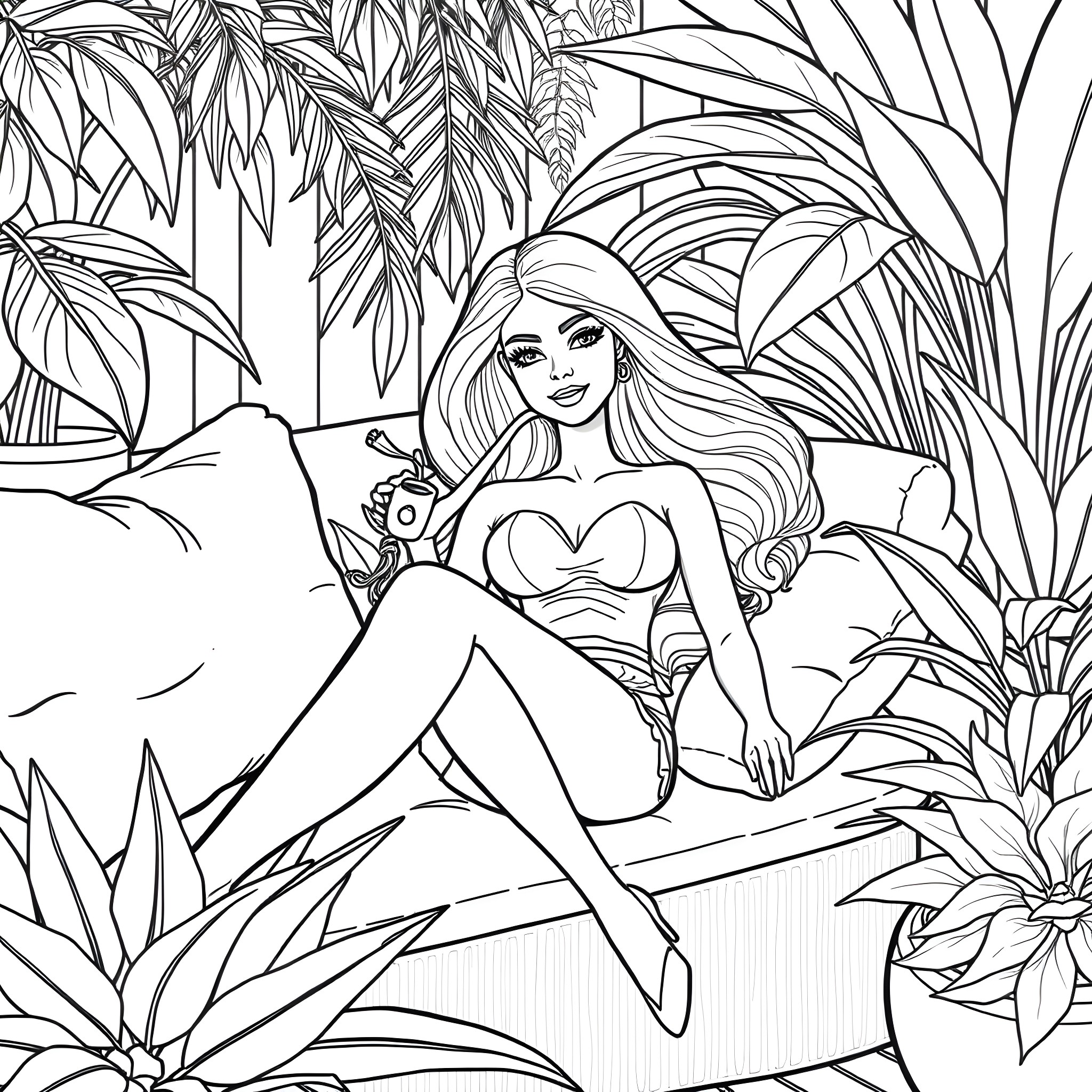 Barbie relaxing in the tropical garden Coloring Page (free black-and-white line drawing printable PDF for all, from beginners to advanced learners, including children, teens, adults, and seniors)