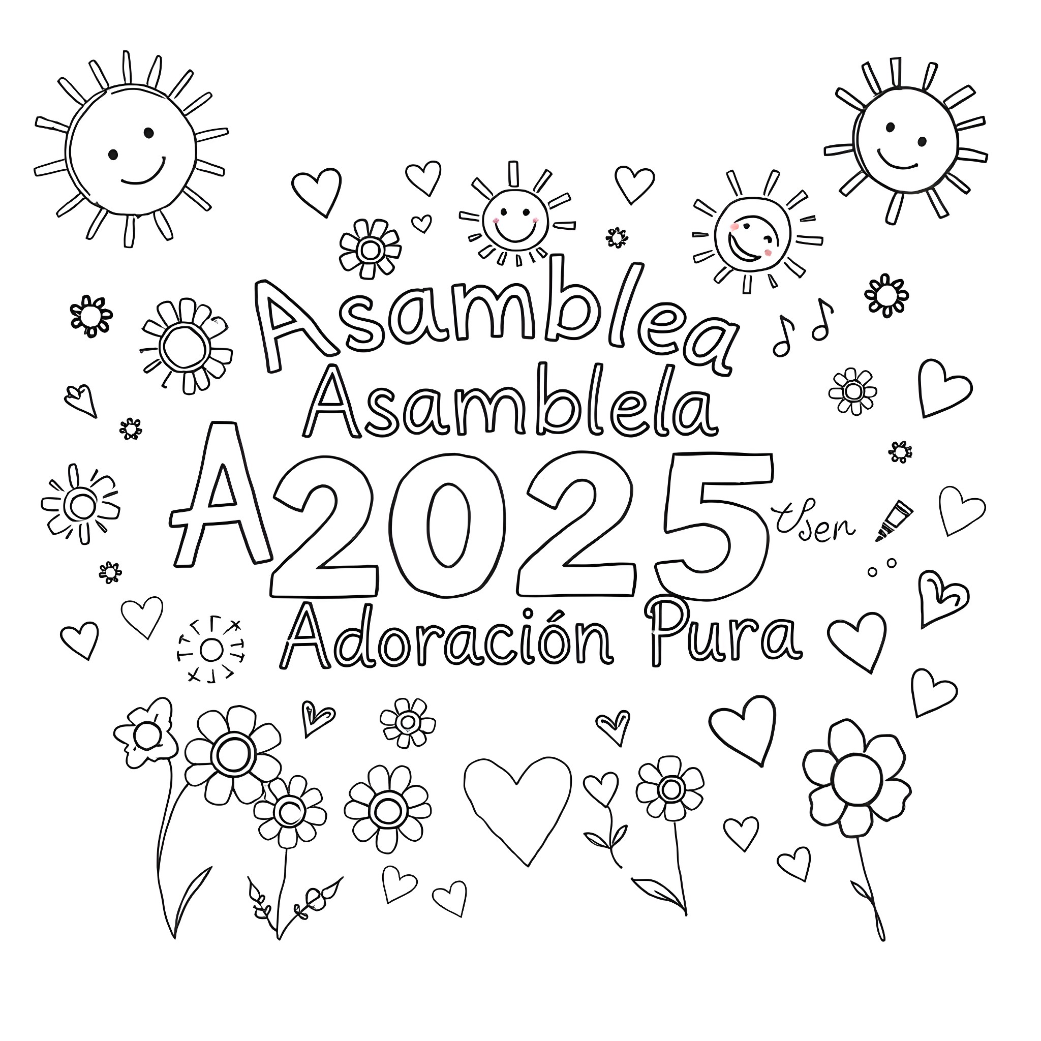 Doodle with cheerful suns, flowers, and happy text Coloring Page (free black-and-white line drawing printable PDF for all, from beginners to advanced learners, including children, teens, adults, and seniors)