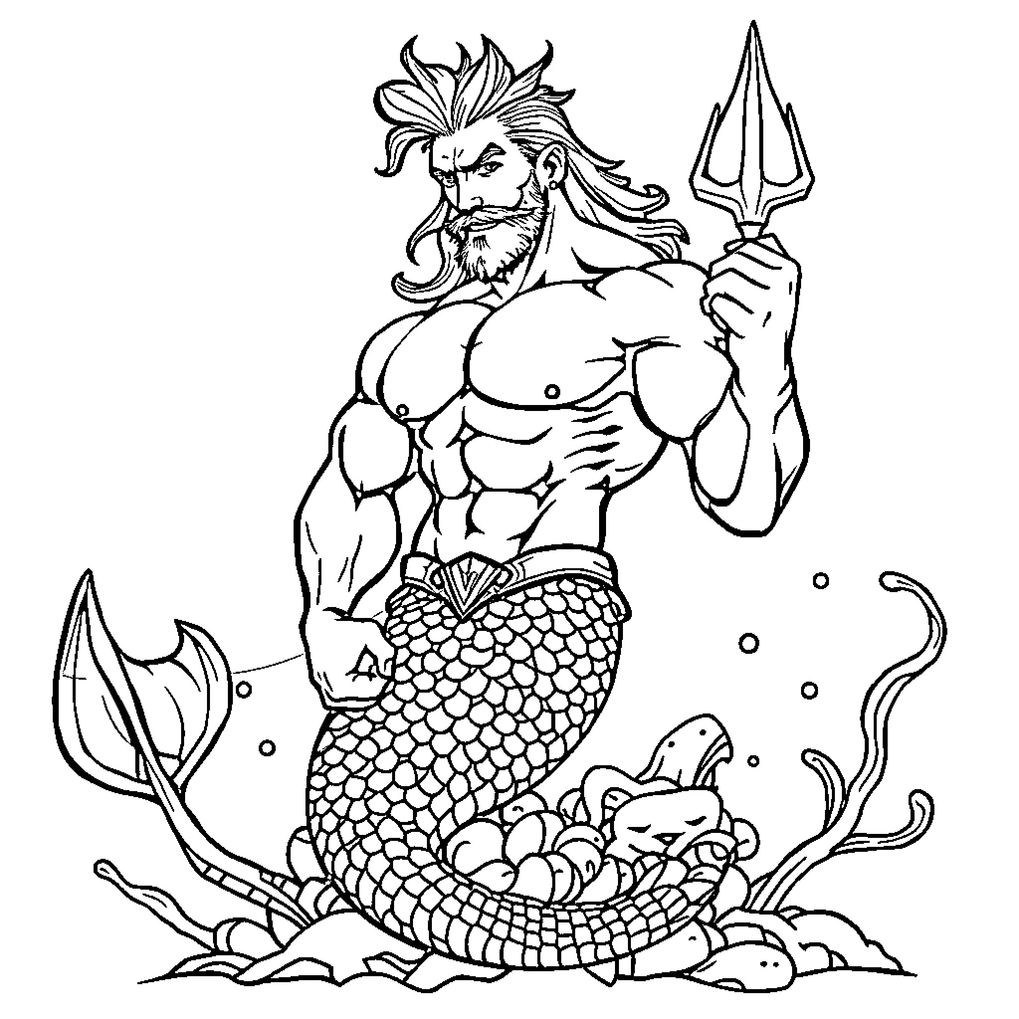 Sirena - Muscular sea creature wielding trident Coloring Page (free black-and-white line drawing printable PDF for all, from beginners to advanced learners, including children, teens, adults, and seniors)