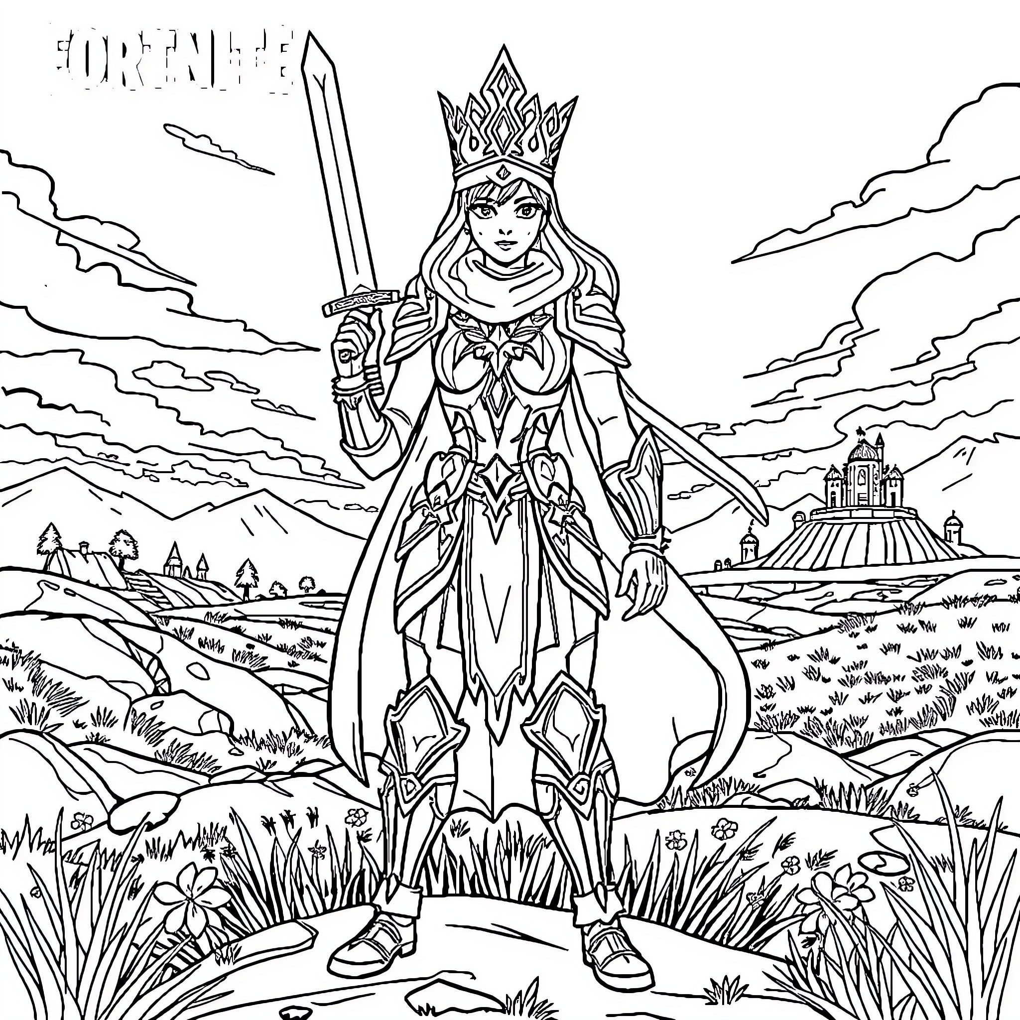 Princess Wielding Sword in Enchanted Landscape Coloring Page (free black-and-white line drawing printable PDF for all, from beginners to advanced learners, including children, teens, adults, and seniors)
