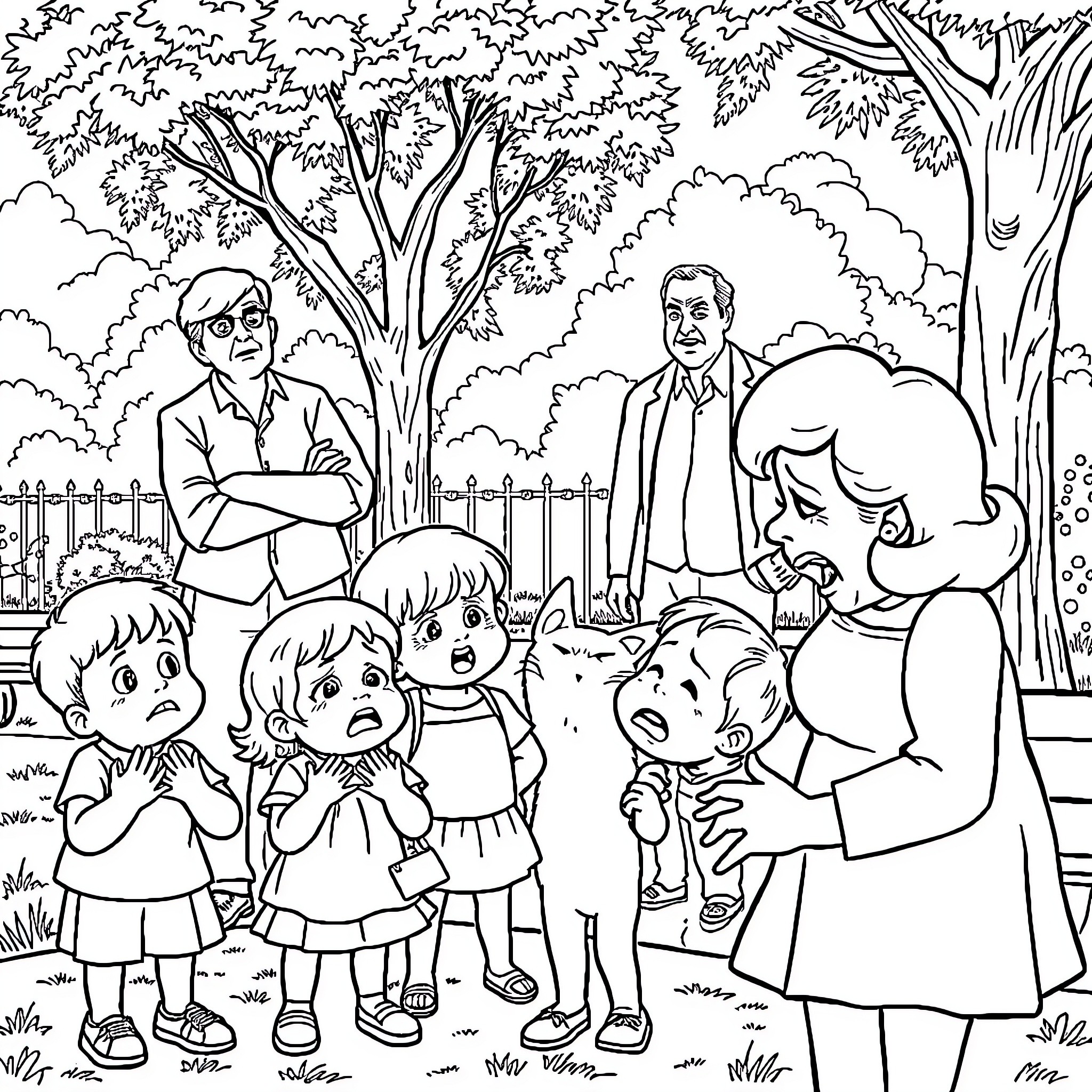 Betty White and Friends in Outdoor Adventure Coloring Page (free black-and-white line drawing printable PDF for all, from beginners to advanced learners, including children, teens, adults, and seniors)