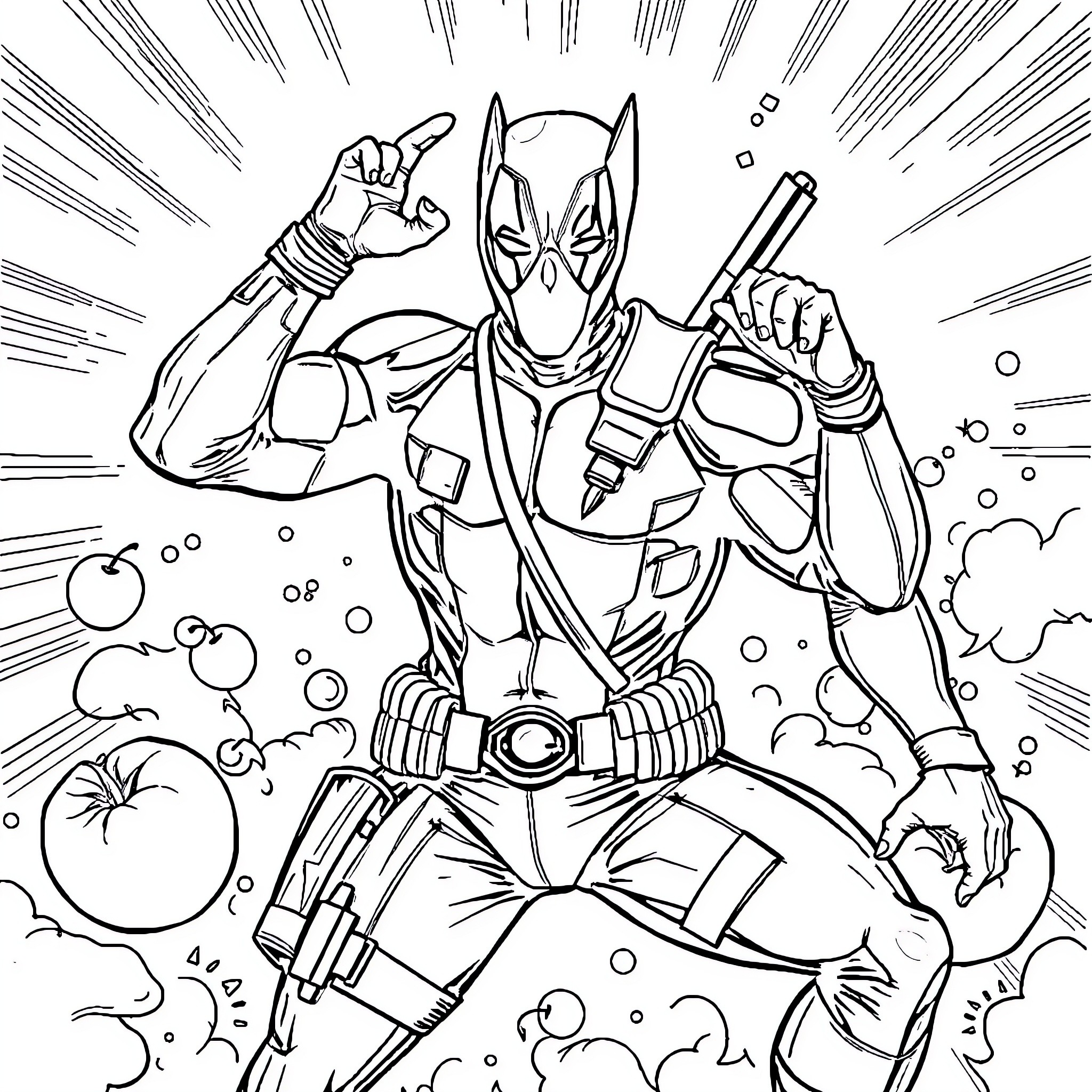 Deadpool in action-packed heroic pose Coloring Page (free black-and-white line drawing printable PDF for all, from beginners to advanced learners, including children, teens, adults, and seniors)