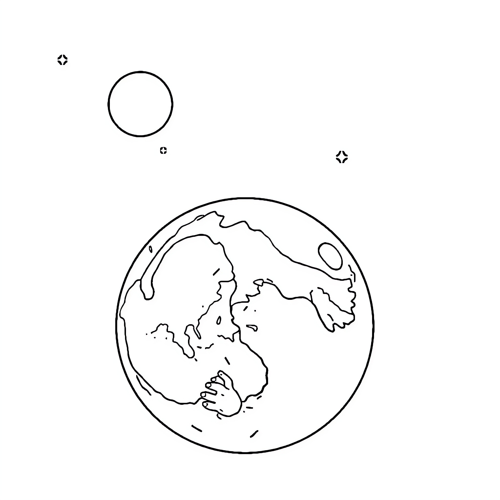 Moon and Earth in the night sky Coloring Page (free black-and-white line drawing printable PDF for all, from beginners to advanced learners, including children, teens, adults, and seniors)