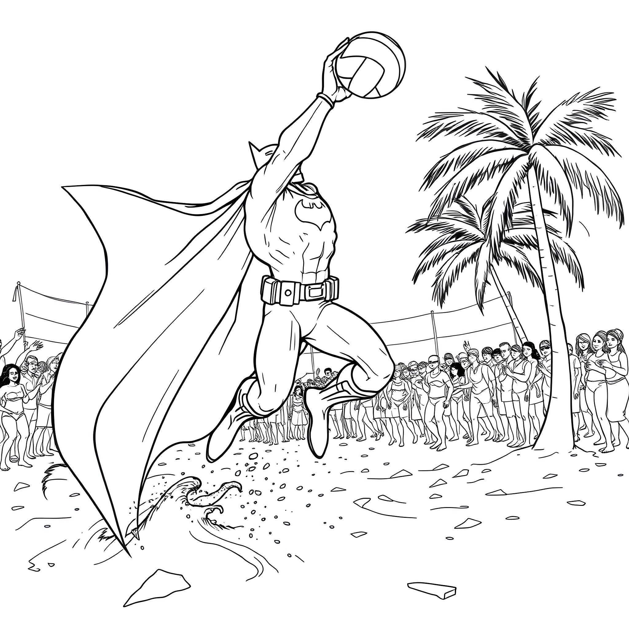 Batman soaring over the beach with palm trees Coloring Page (free black-and-white line drawing printable PDF for all, from beginners to advanced learners, including children, teens, adults, and seniors)
