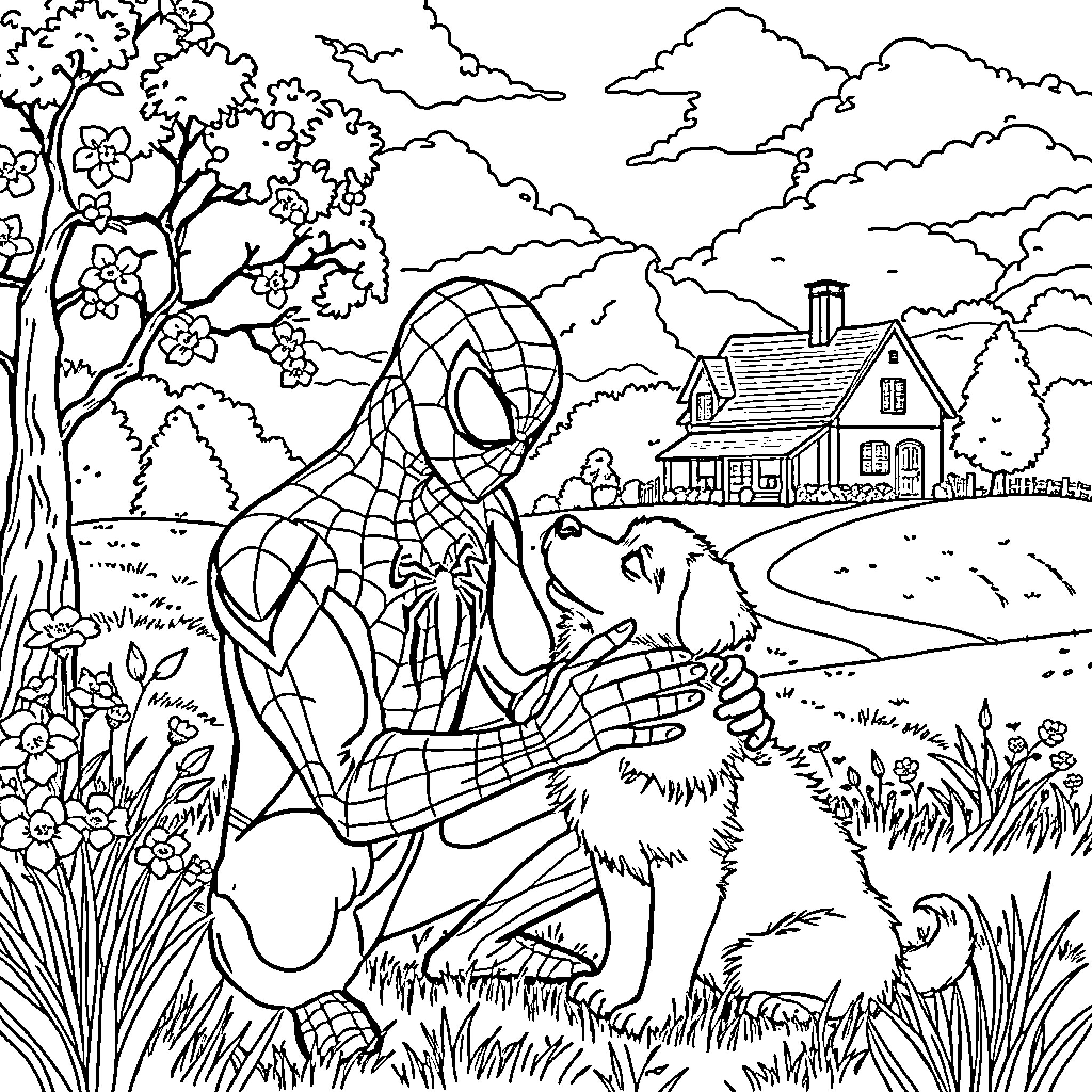 Spidey's Friendly Encounter in the Garden Coloring Page (free black-and-white line drawing printable PDF for all, from beginners to advanced learners, including children, teens, adults, and seniors)