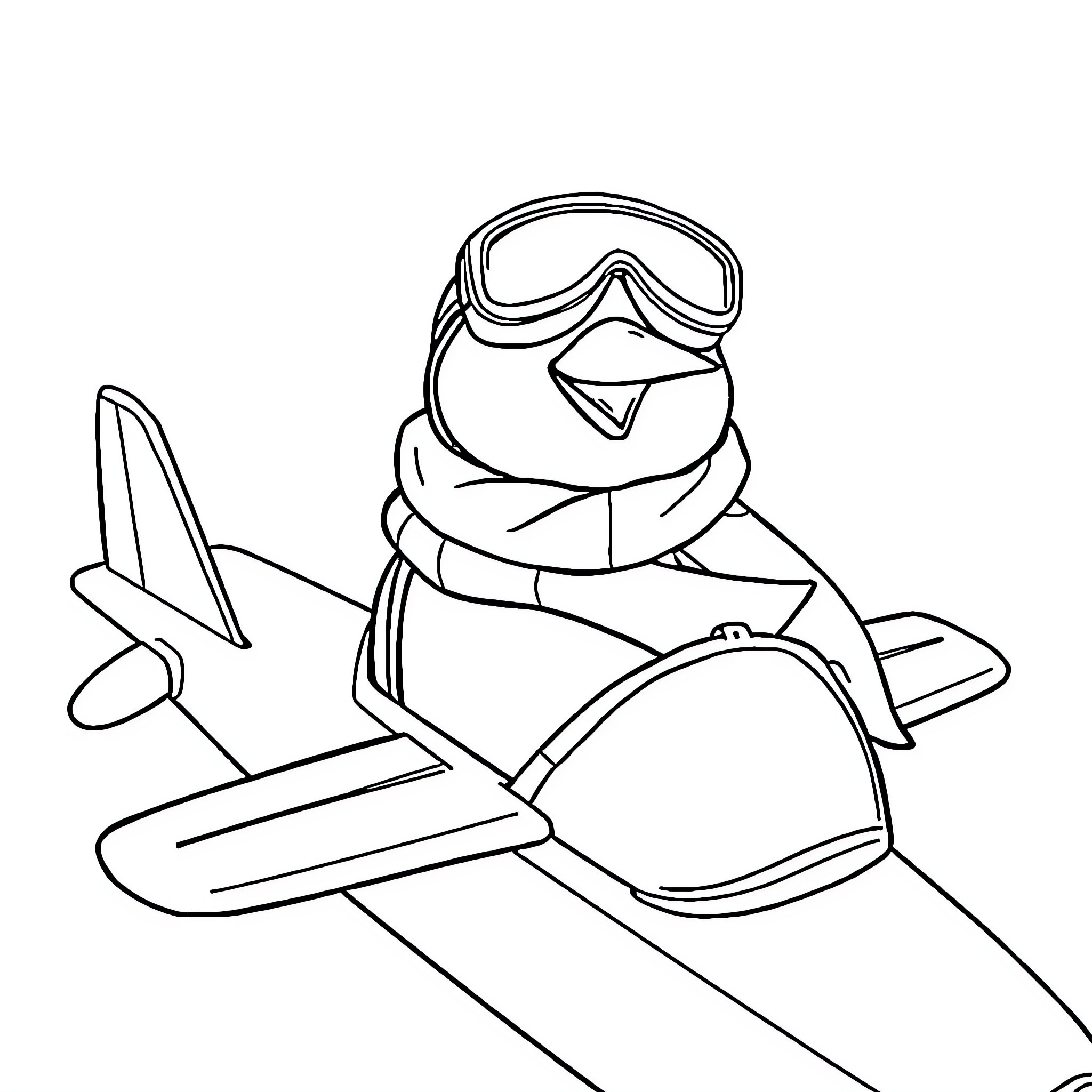 Penguin in winter gear riding airplane Coloring Page (free black-and-white line drawing printable PDF for all, from beginners to advanced learners, including children, teens, adults, and seniors)
