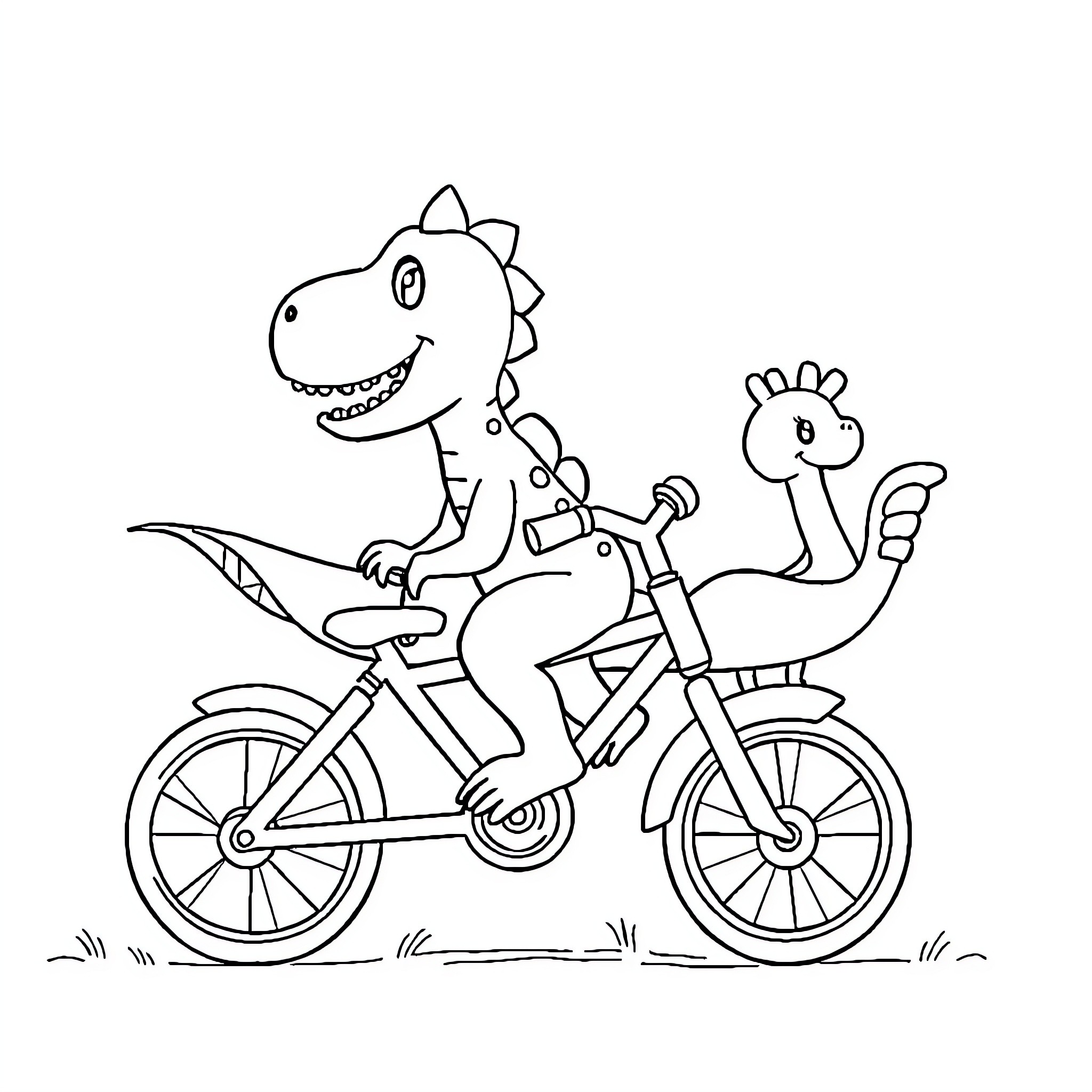 Dinosaur riding a bicycle with a friend Coloring Page (free black-and-white line drawing printable PDF for all, from beginners to advanced learners, including children, teens, adults, and seniors)