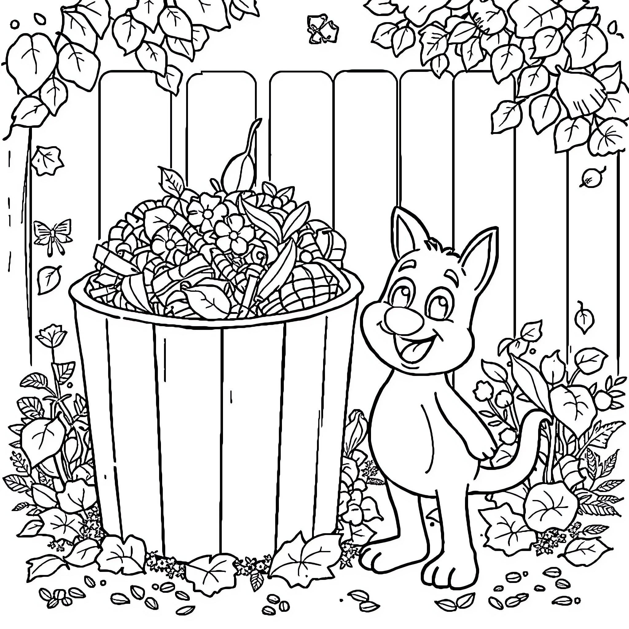 Bingo's Autumn Bounty Coloring Page (free black-and-white line drawing printable PDF for all, from beginners to advanced learners, including children, teens, adults, and seniors)