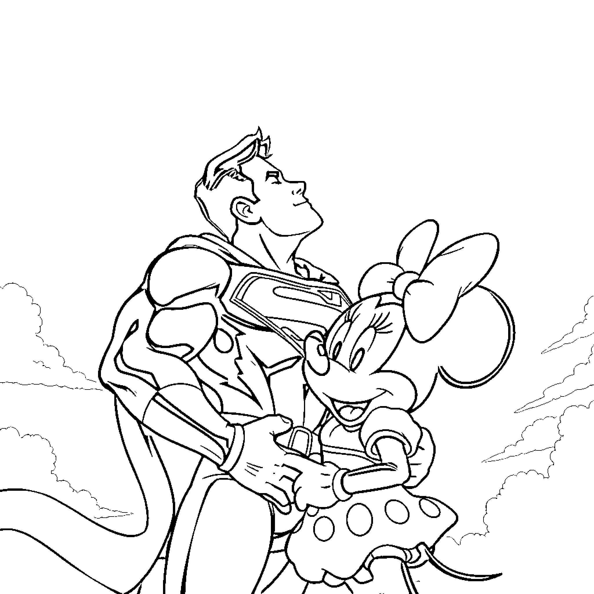 Superman Embracing Minnie Mouse in Heroic Pose Coloring Page (free black-and-white line drawing printable PDF for all, from beginners to advanced learners, including children, teens, adults, and seniors)