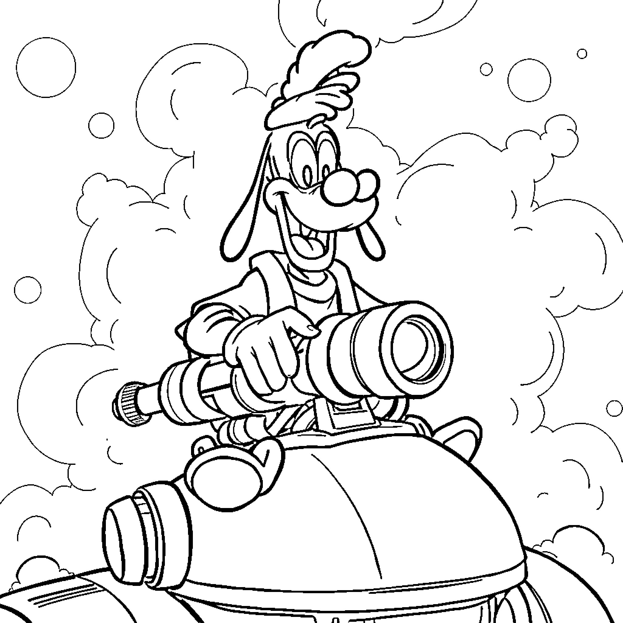 Goofy Firefighter in Action Coloring Page (free black-and-white line drawing printable PDF for all, from beginners to advanced learners, including children, teens, adults, and seniors)