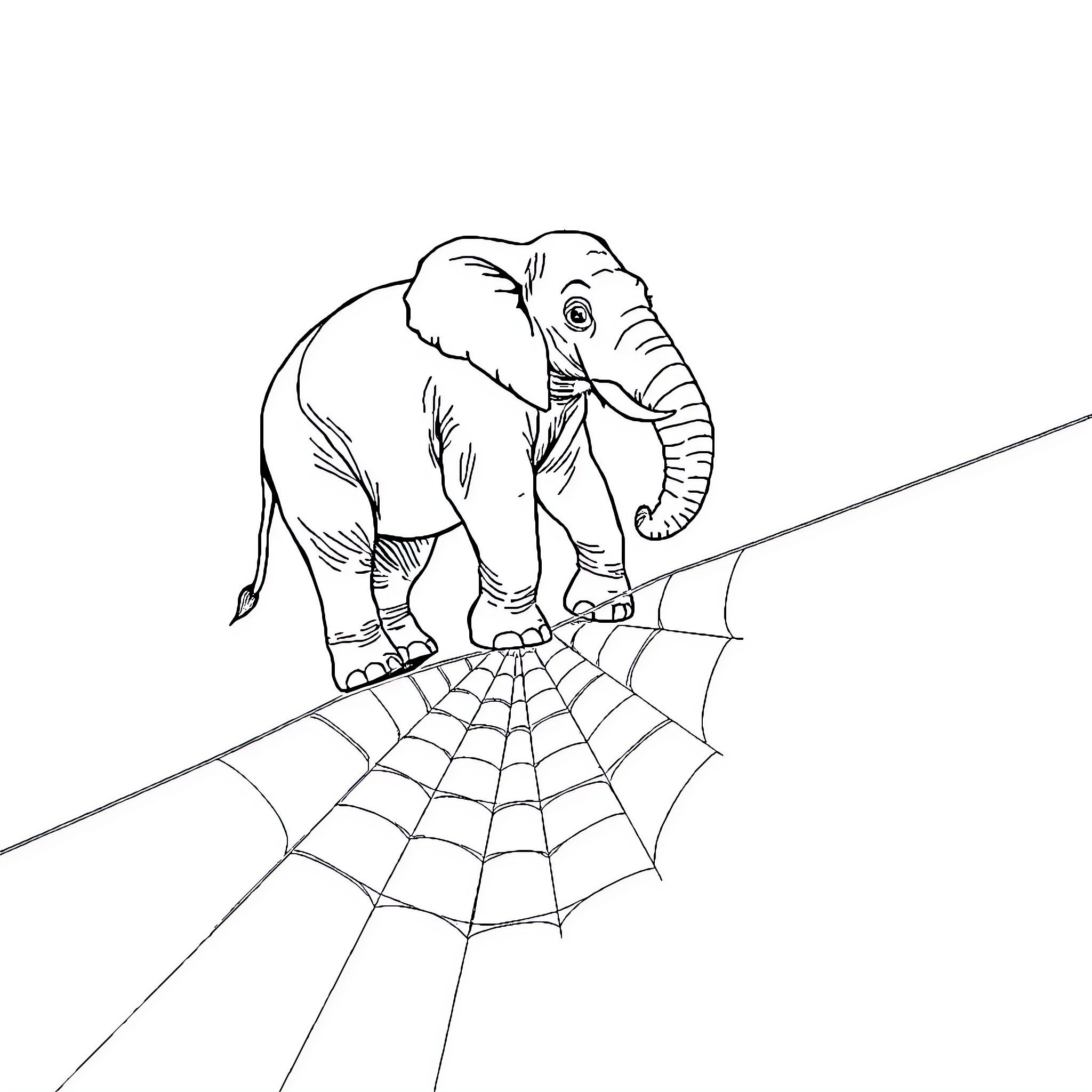 Elephant cautiously navigating spider web Coloring Page (free black-and-white line drawing printable PDF for all, from beginners to advanced learners, including children, teens, adults, and seniors)
