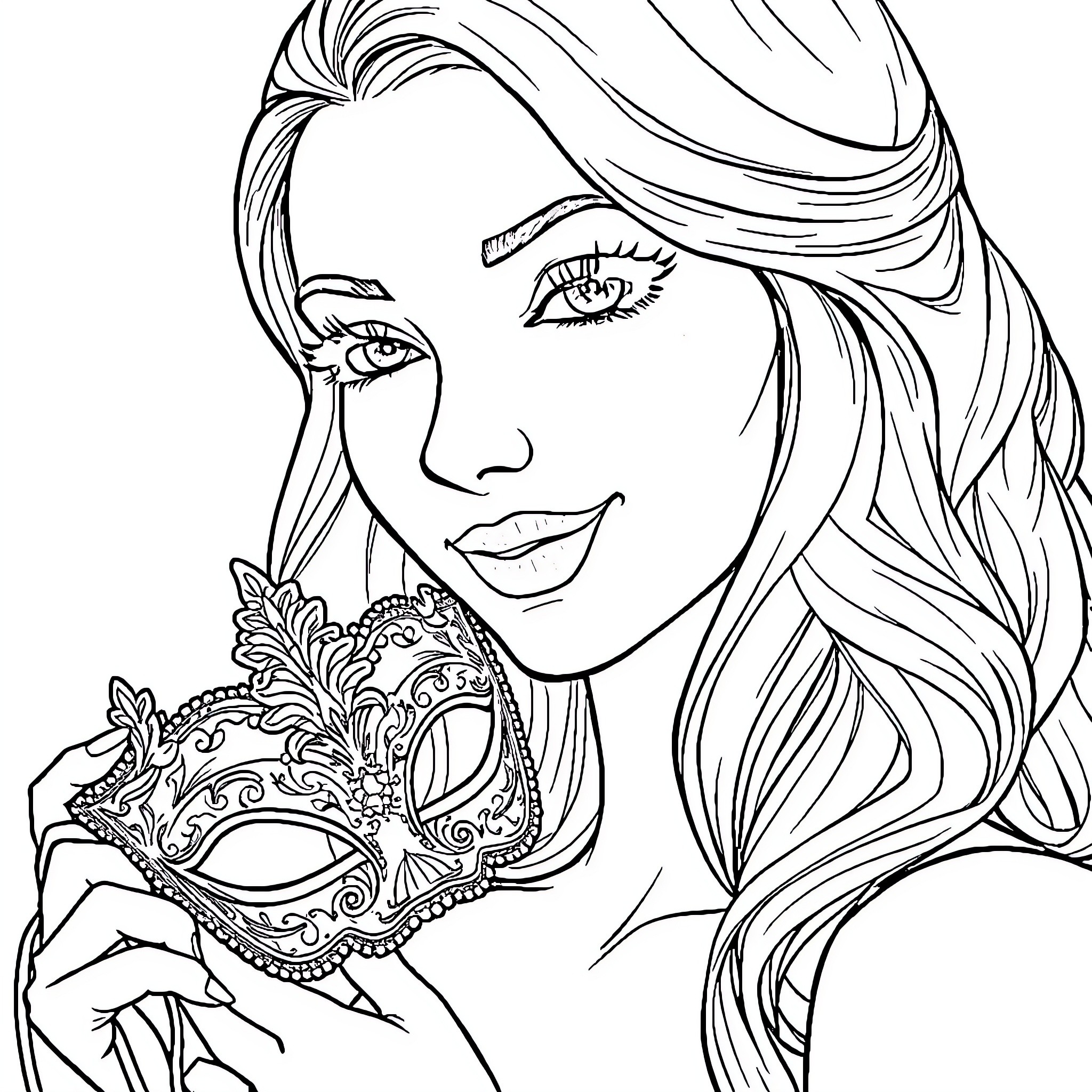 Woman in elegant mask and flowing hair Coloring Page (free black-and-white line drawing printable PDF for all, from beginners to advanced learners, including children, teens, adults, and seniors)