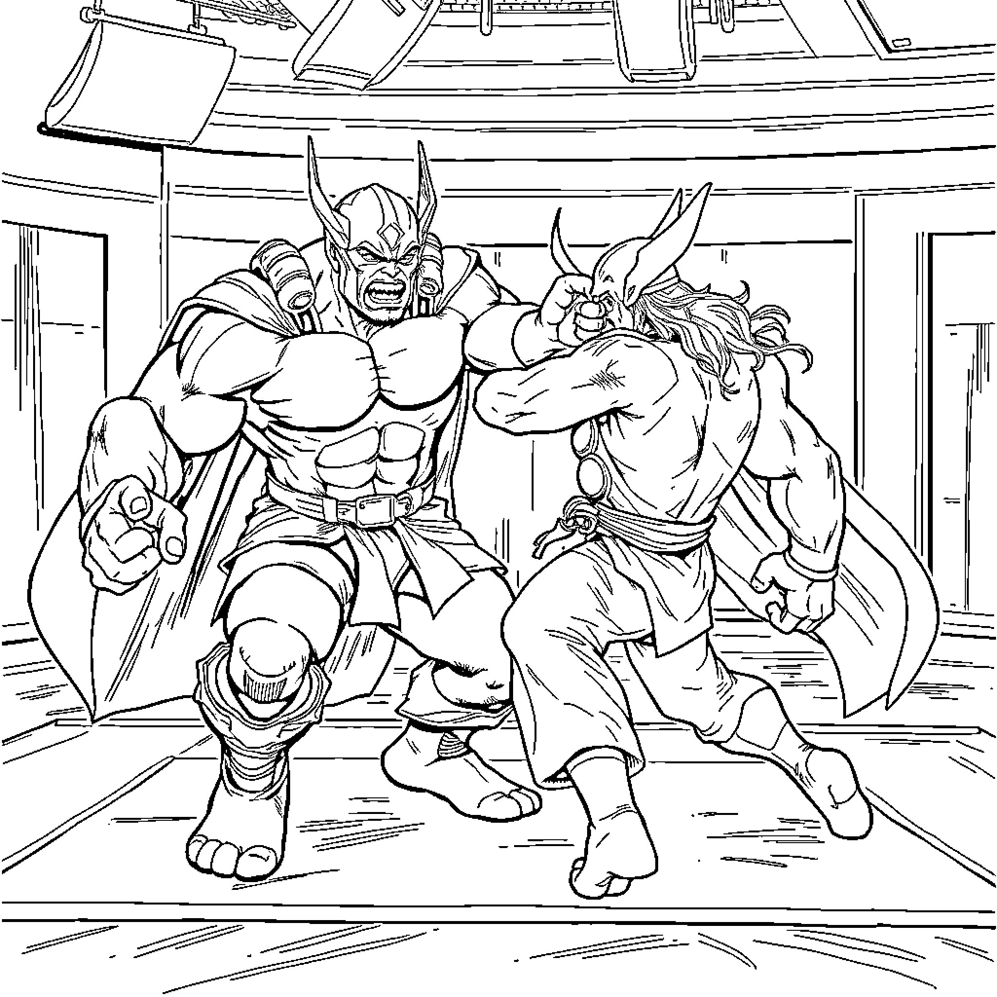 Hulk fierce battle against monstrous foes in combat arena Coloring Page (free black-and-white line drawing printable PDF for all, from beginners to advanced learners, including children, teens, adults, and seniors)