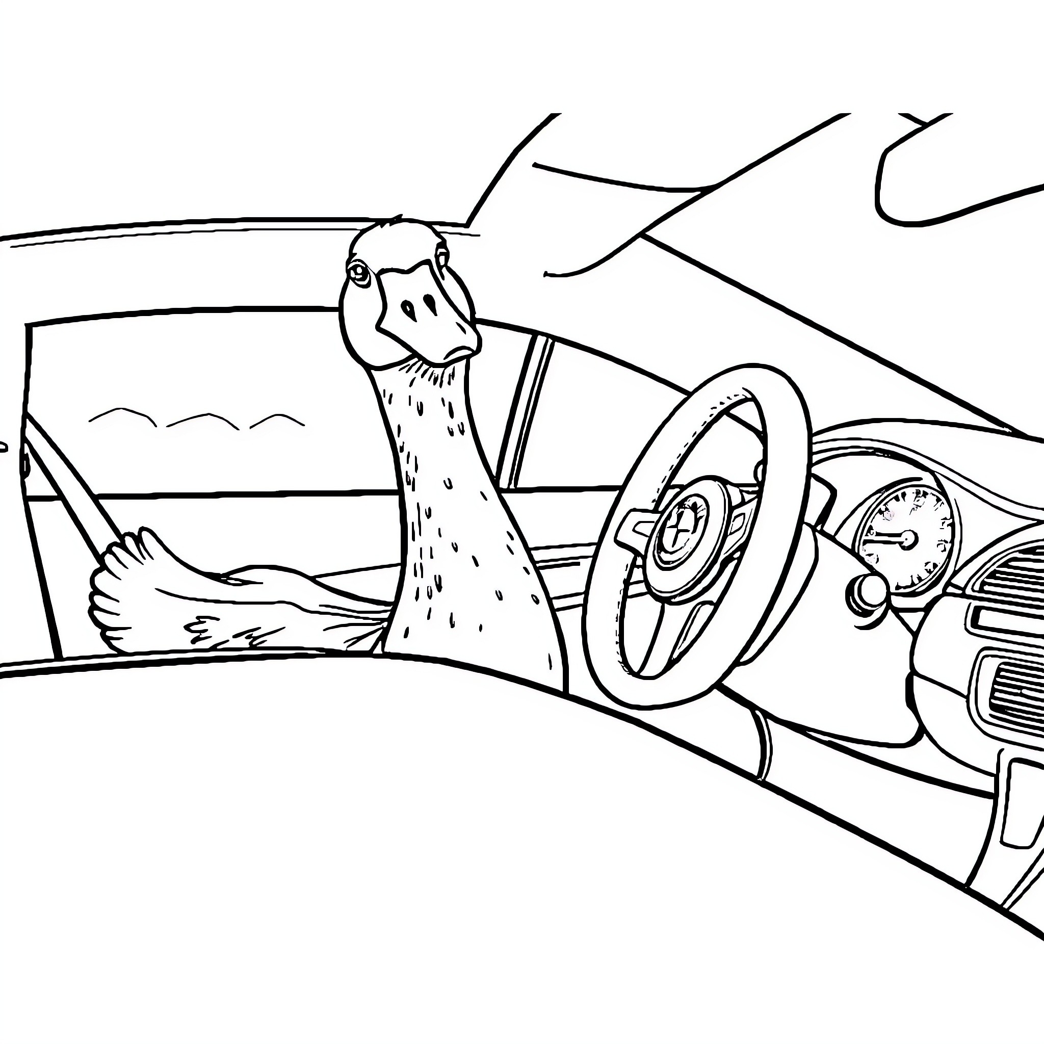 Goose relaxing inside a car Coloring Page (free black-and-white line drawing printable PDF for all, from beginners to advanced learners, including children, teens, adults, and seniors)
