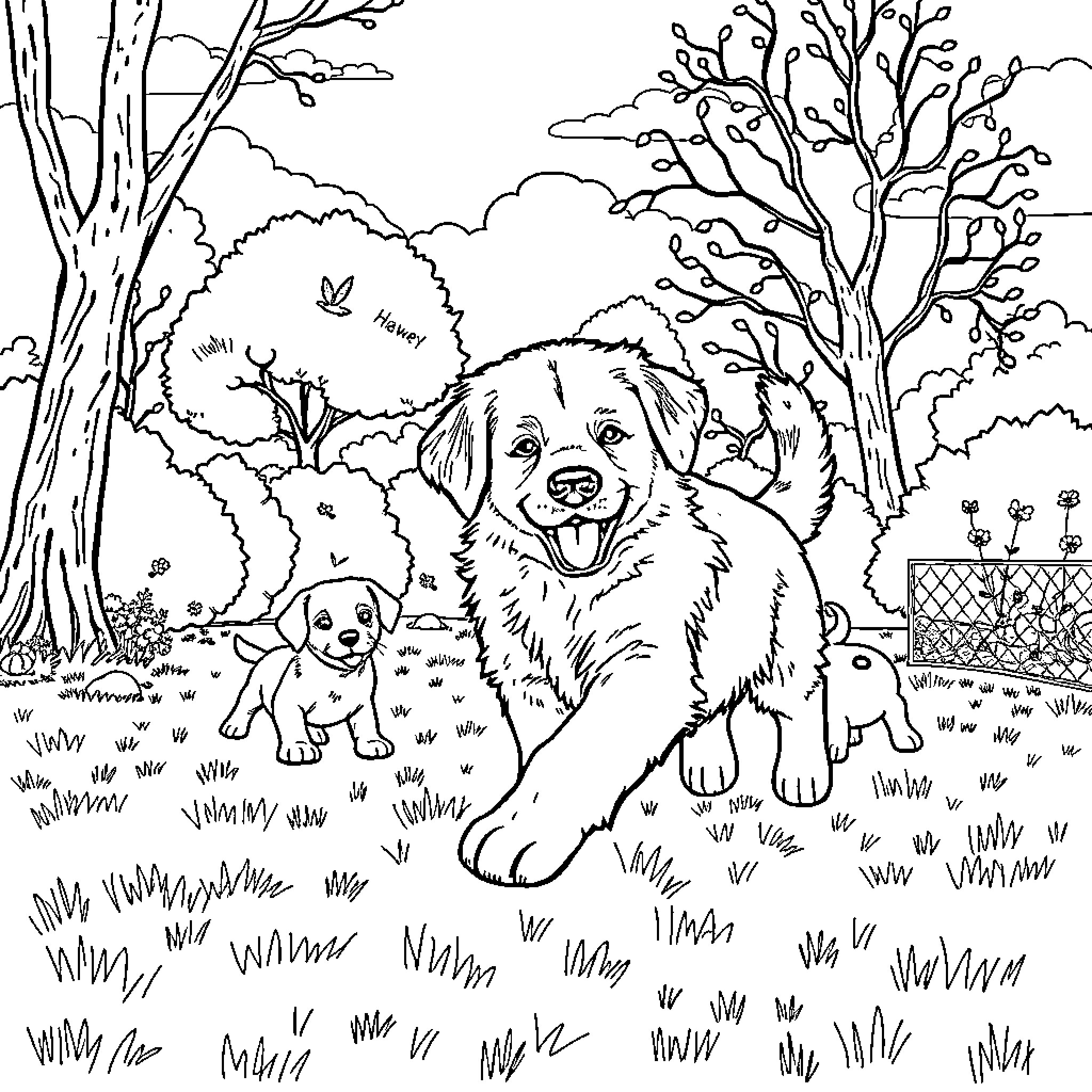 Puppy playing happily in the park Coloring Page (free black-and-white line drawing printable PDF for all, from beginners to advanced learners, including children, teens, adults, and seniors)