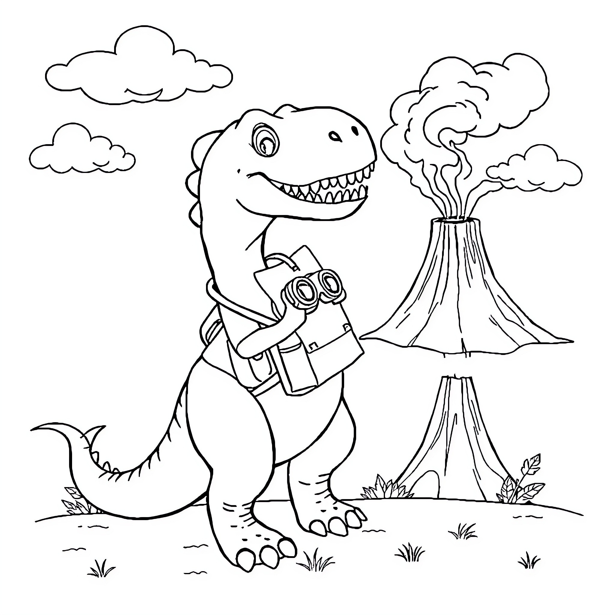 Dinosaur exploring the volcanic landscape Coloring Page (free black-and-white line drawing printable PDF for all, from beginners to advanced learners, including children, teens, adults, and seniors)