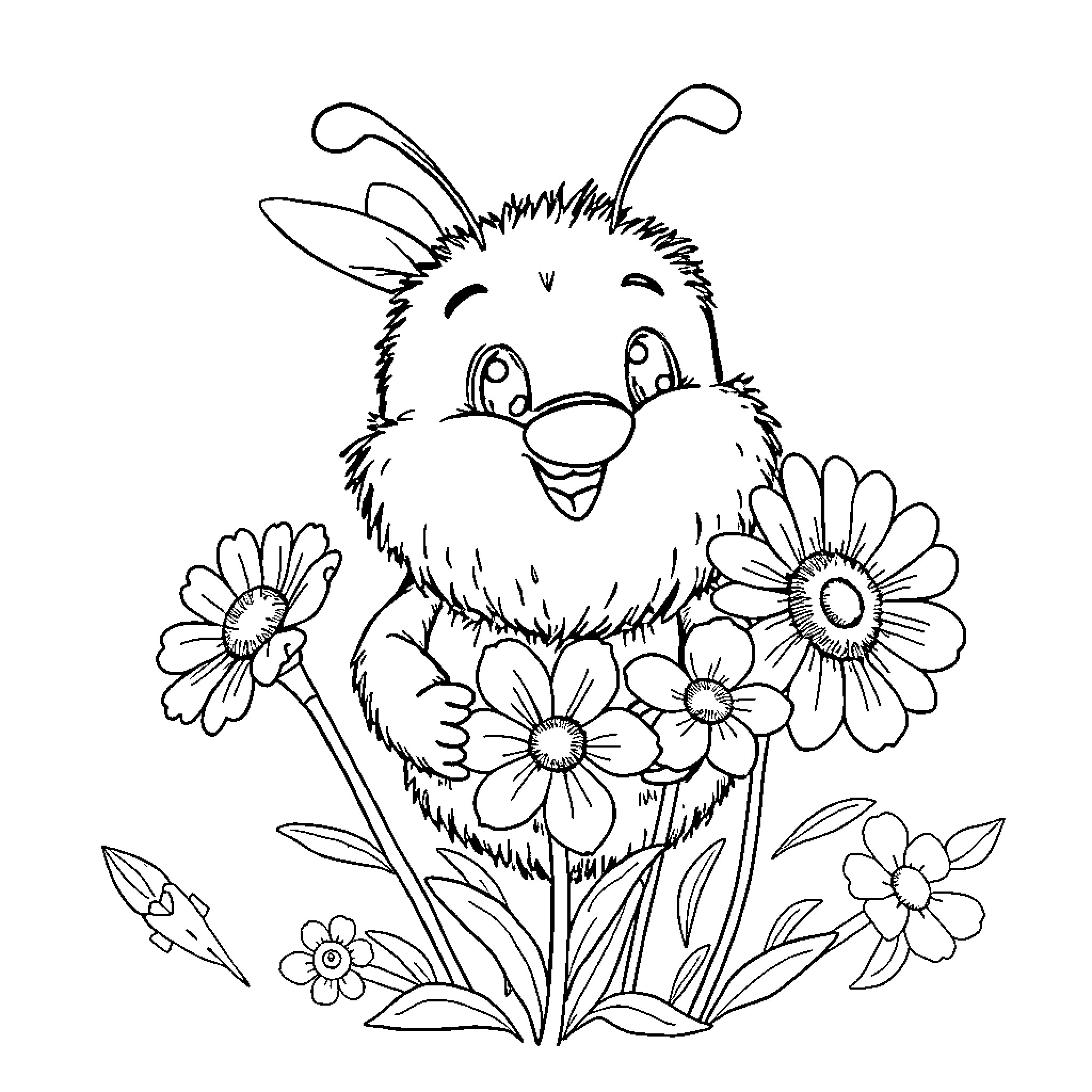 Bee enjoying a flower garden Coloring Page (free black-and-white line drawing printable PDF for all, from beginners to advanced learners, including children, teens, adults, and seniors)