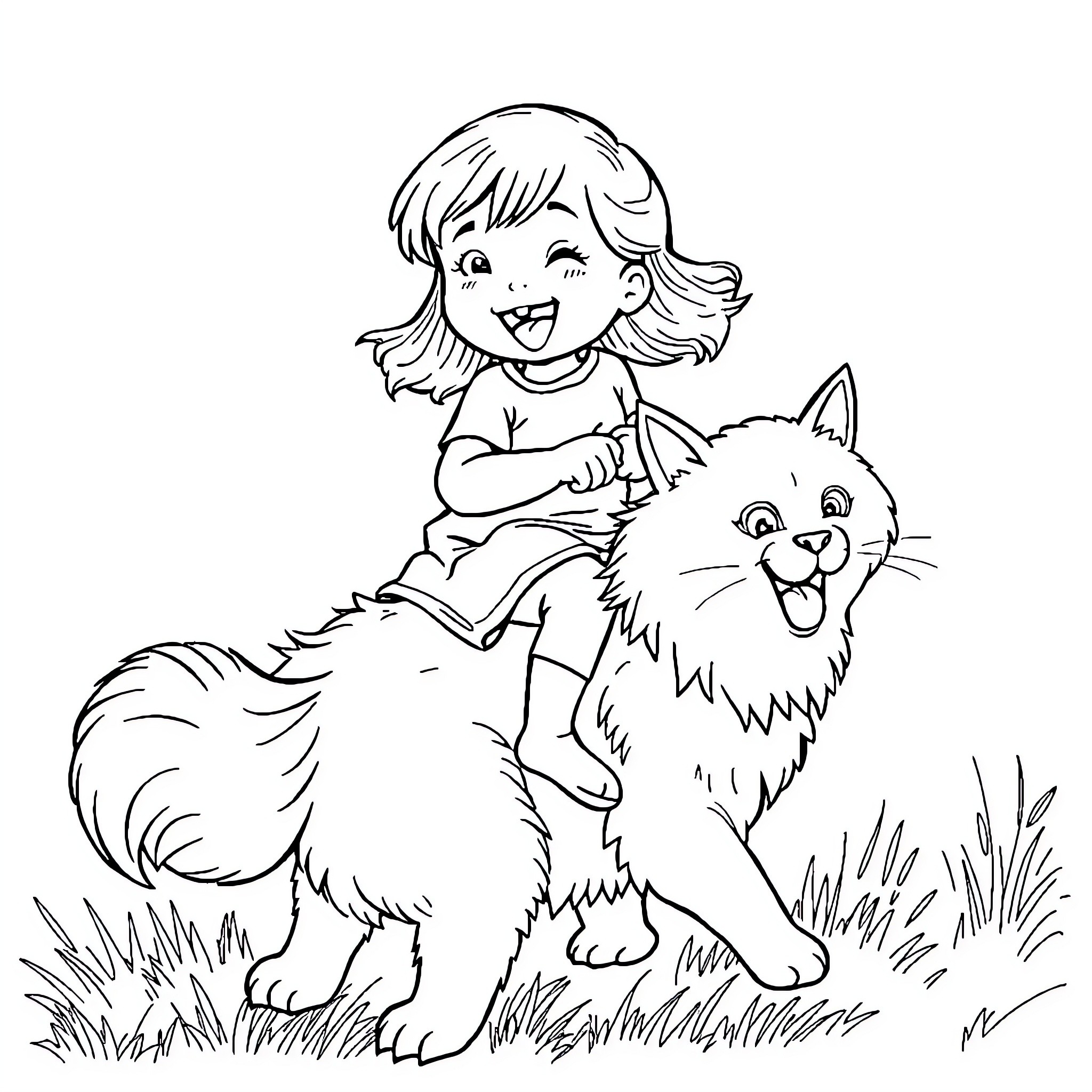 Girl Happily Playing with Her Furry Friend Coloring Page (free black-and-white line drawing printable PDF for all, from beginners to advanced learners, including children, teens, adults, and seniors)
