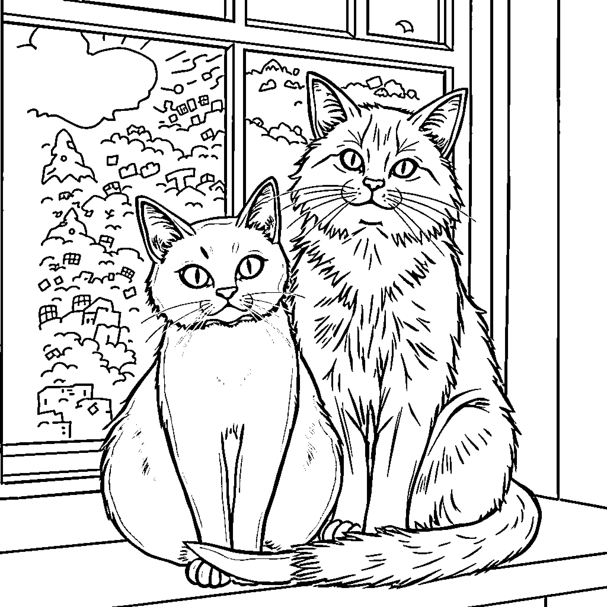 Cat companions peering through window Coloring Page (free black-and-white line drawing printable PDF for all, from beginners to advanced learners, including children, teens, adults, and seniors)