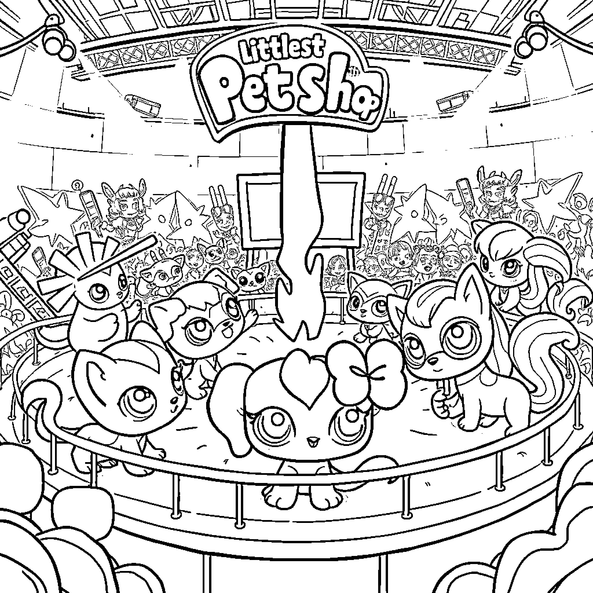 Pet characters on stage in the Littlest Petshop Coloring Page (free black-and-white line drawing printable PDF for all, from beginners to advanced learners, including children, teens, adults, and seniors)