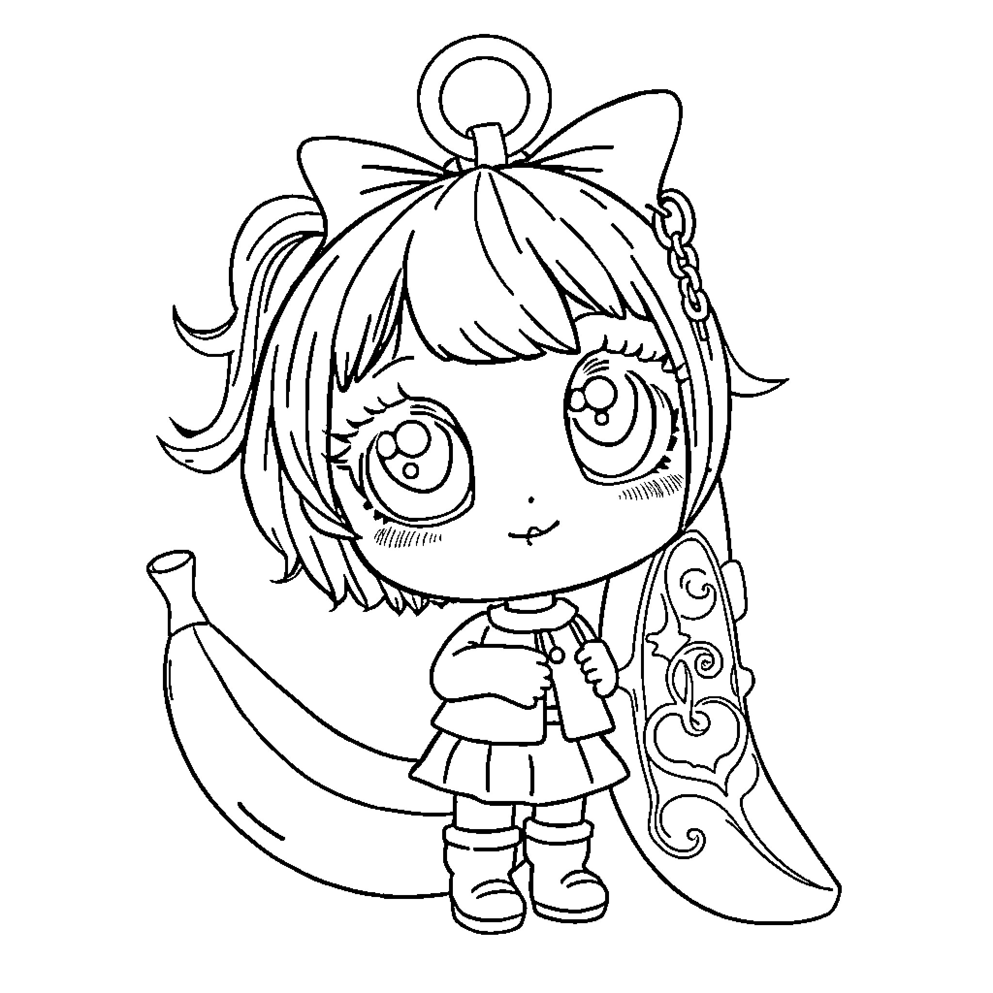 Keychain of a cute anime-style girl figure Coloring Page (free black-and-white line drawing printable PDF for all, from beginners to advanced learners, including children, teens, adults, and seniors)