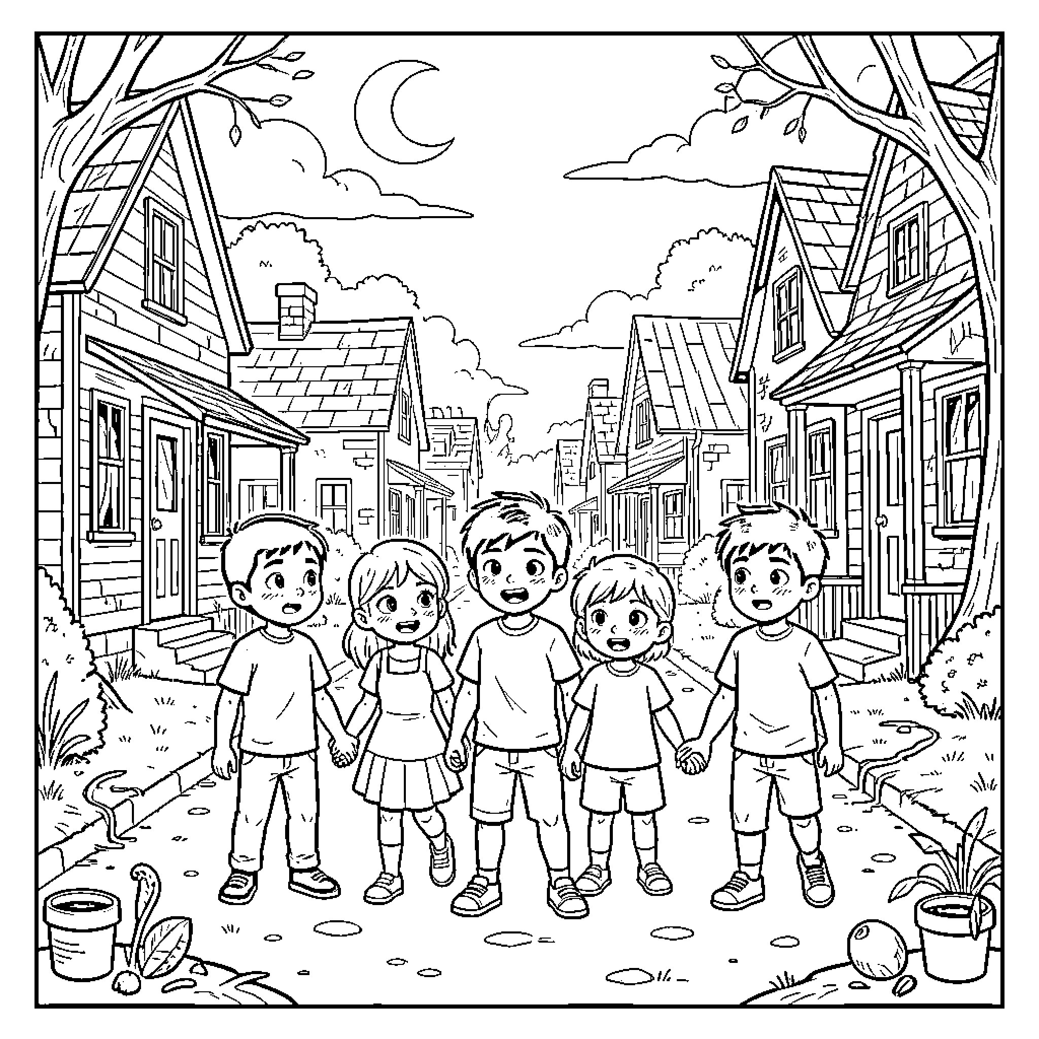 Stranger Things group of children walking through a neighborhood Coloring Page (free black-and-white line drawing printable PDF for all, from beginners to advanced learners, including children, teens, adults, and seniors)