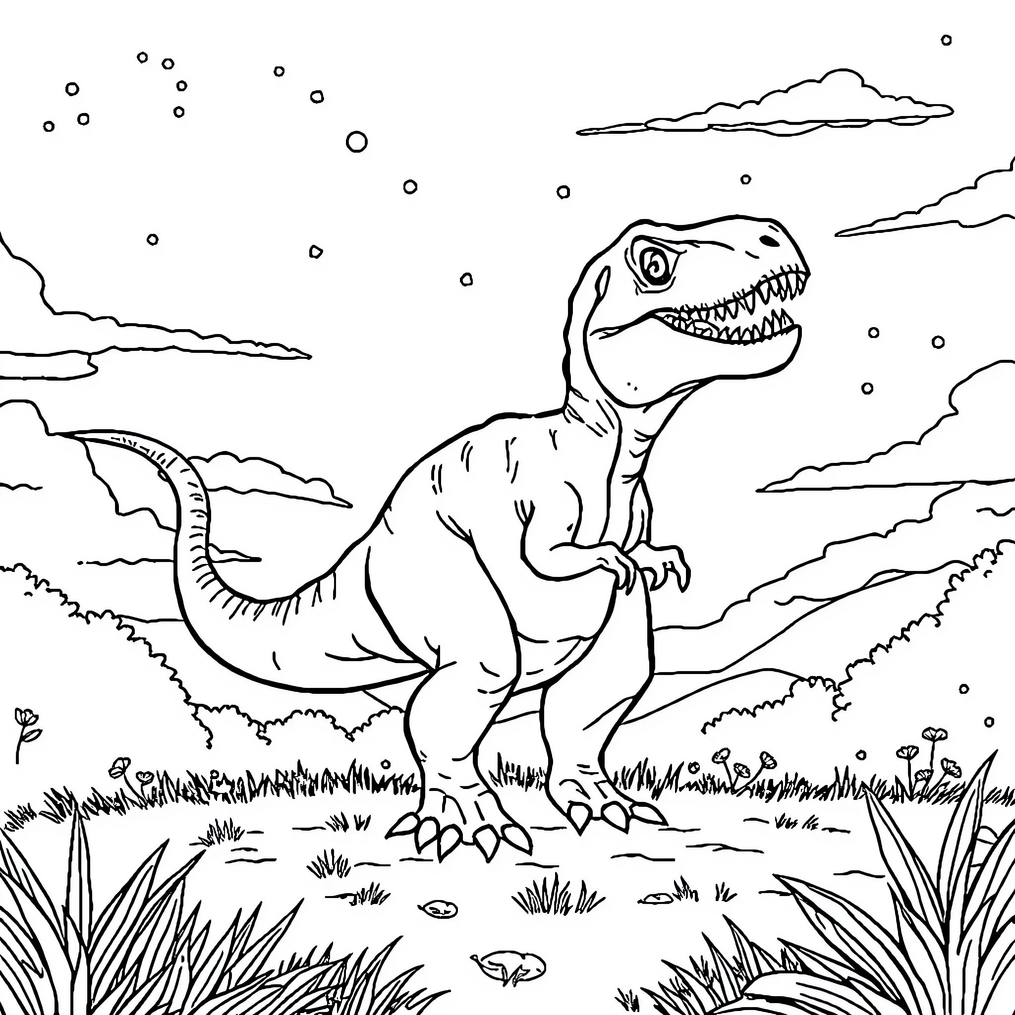 T-Rex roaring in prehistoric landscape Coloring Page (free black-and-white line drawing printable PDF for all, from beginners to advanced learners, including children, teens, adults, and seniors)