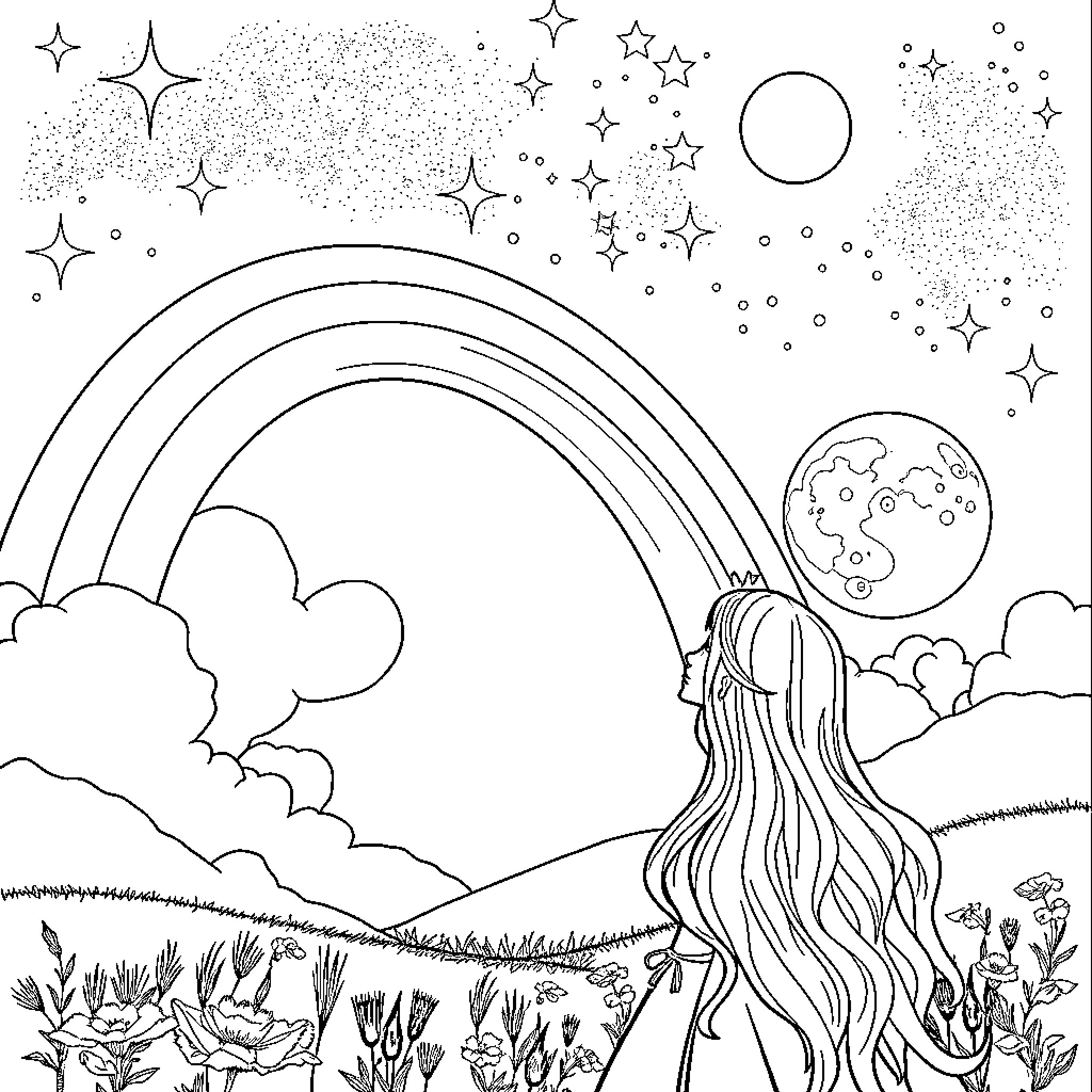 Princess gazing at the starry night sky Coloring Page (free black-and-white line drawing printable PDF for all, from beginners to advanced learners, including children, teens, adults, and seniors)