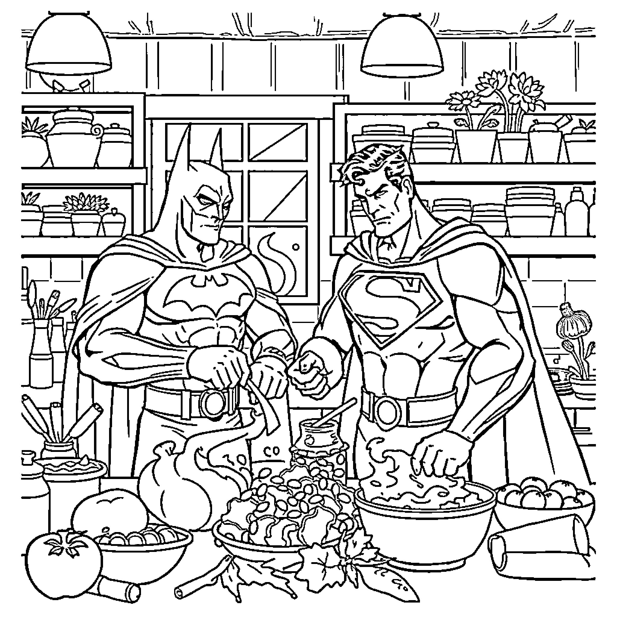 Batman and Superman cooking a delicious meal together Coloring Page (free black-and-white line drawing printable PDF for all, from beginners to advanced learners, including children, teens, adults, and seniors)