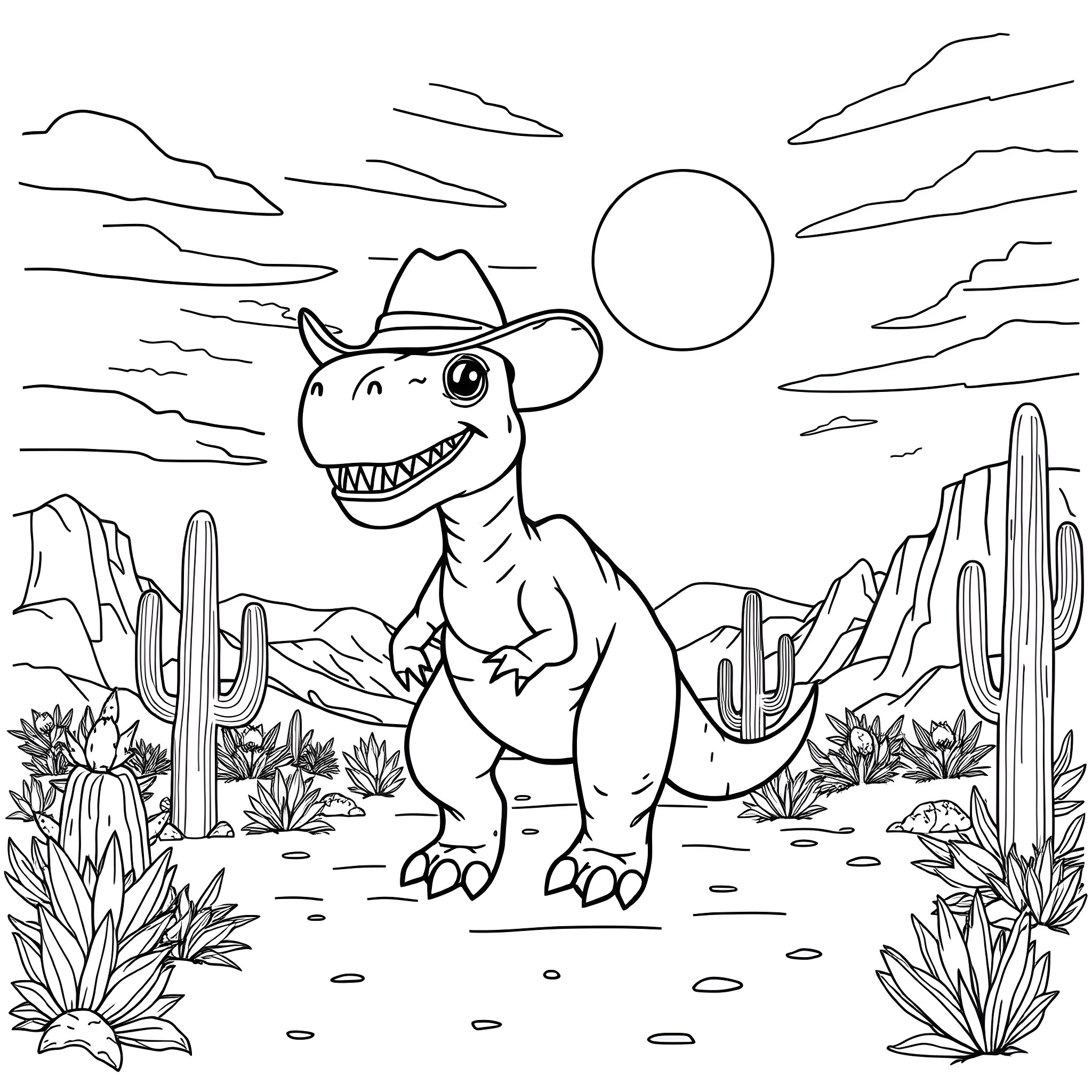 Dinosaur cowboy in the desert landscape Coloring Page (free black-and-white line drawing printable PDF for all, from beginners to advanced learners, including children, teens, adults, and seniors)