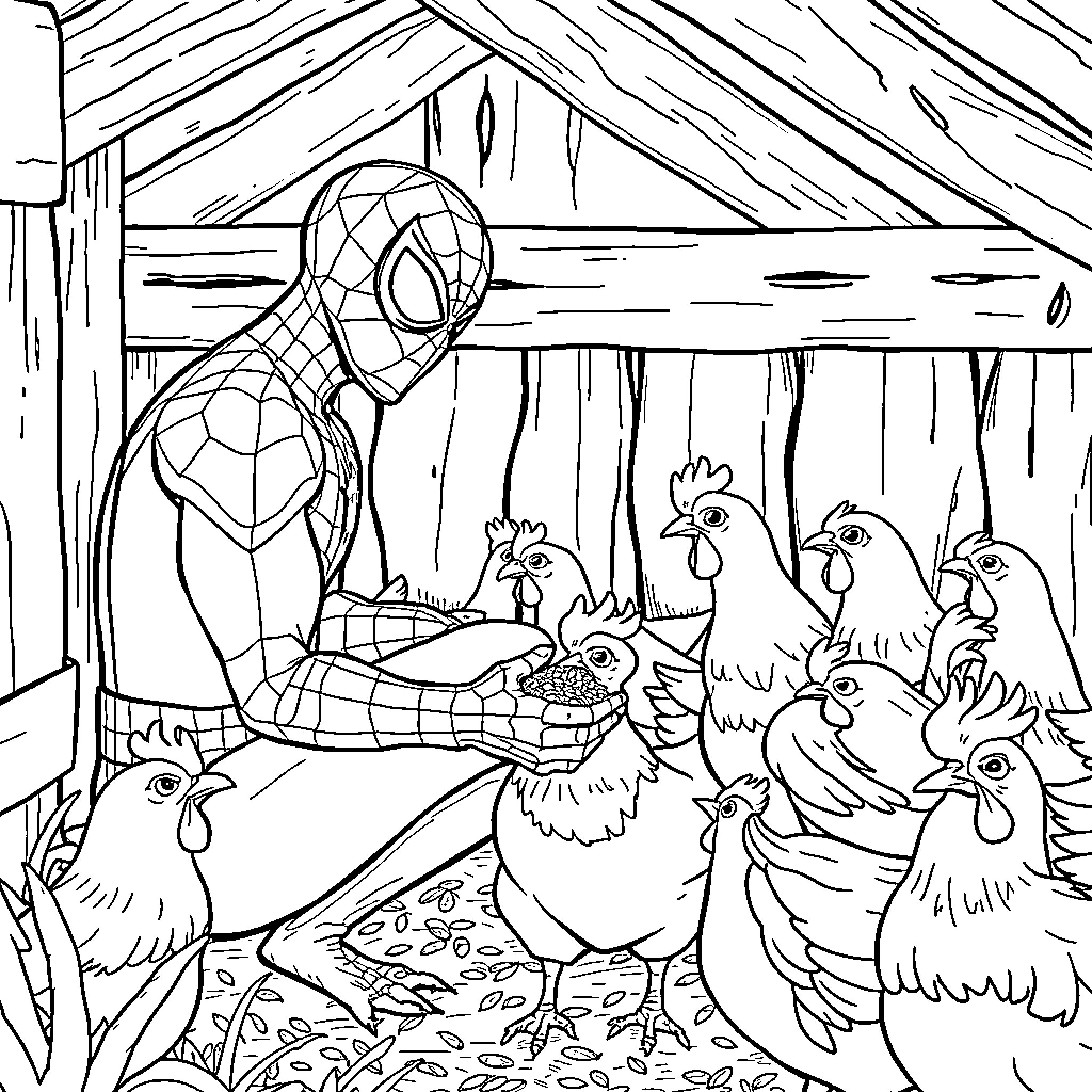 Spiderman helping farm animals in the barn Coloring Page (free black-and-white line drawing printable PDF for all, from beginners to advanced learners, including children, teens, adults, and seniors)