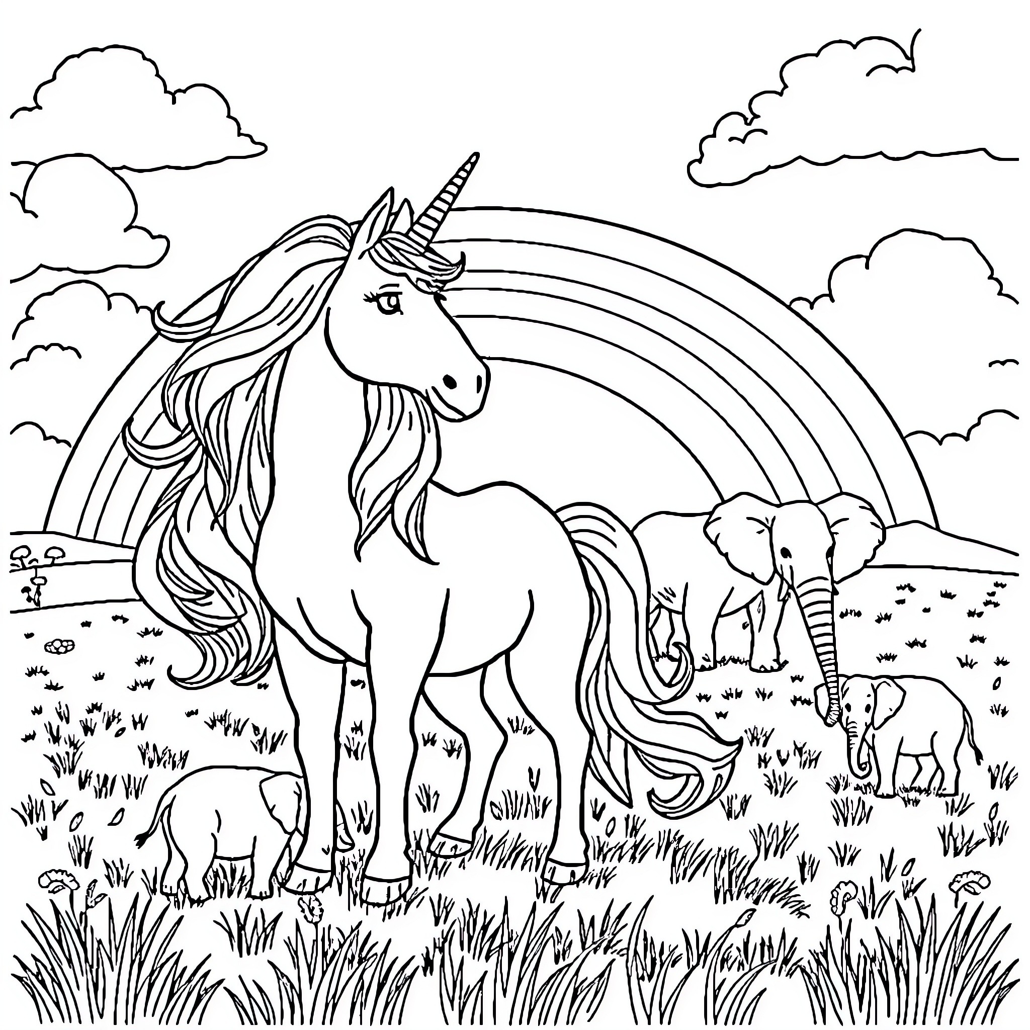 Unicorn in a magical meadow with animals Coloring Page (free black-and-white line drawing printable PDF for all, from beginners to advanced learners, including children, teens, adults, and seniors)