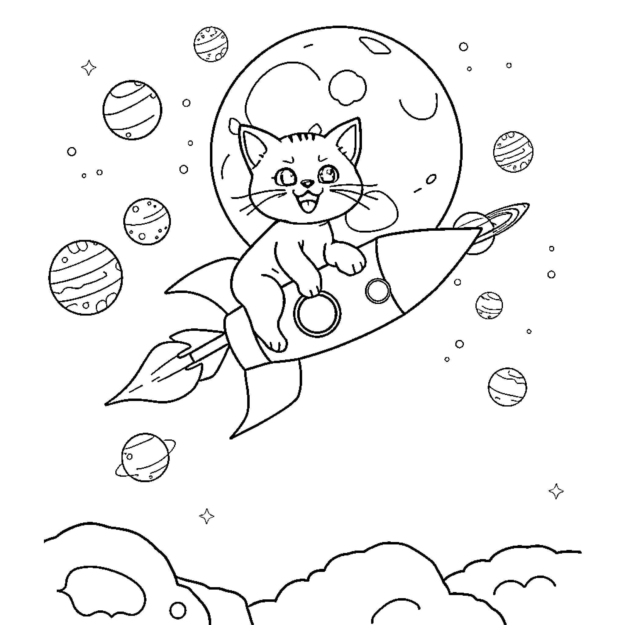 Cat Adventuring in Outer Space Coloring Page (free black-and-white line drawing printable PDF for all, from beginners to advanced learners, including children, teens, adults, and seniors)