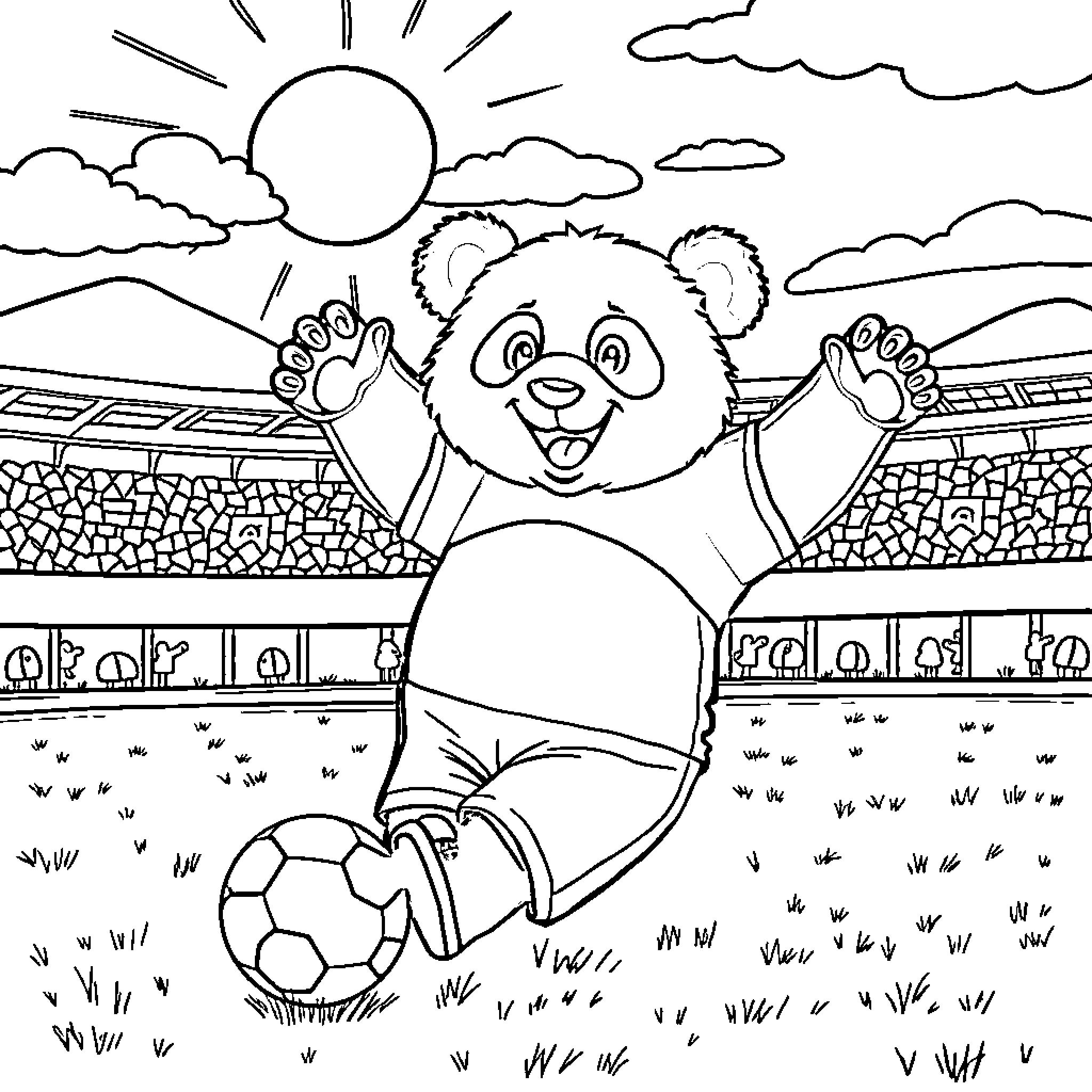 Panda playing with a soccer ball in a sunny landscape Coloring Page (free black-and-white line drawing printable PDF for all, from beginners to advanced learners, including children, teens, adults, and seniors)