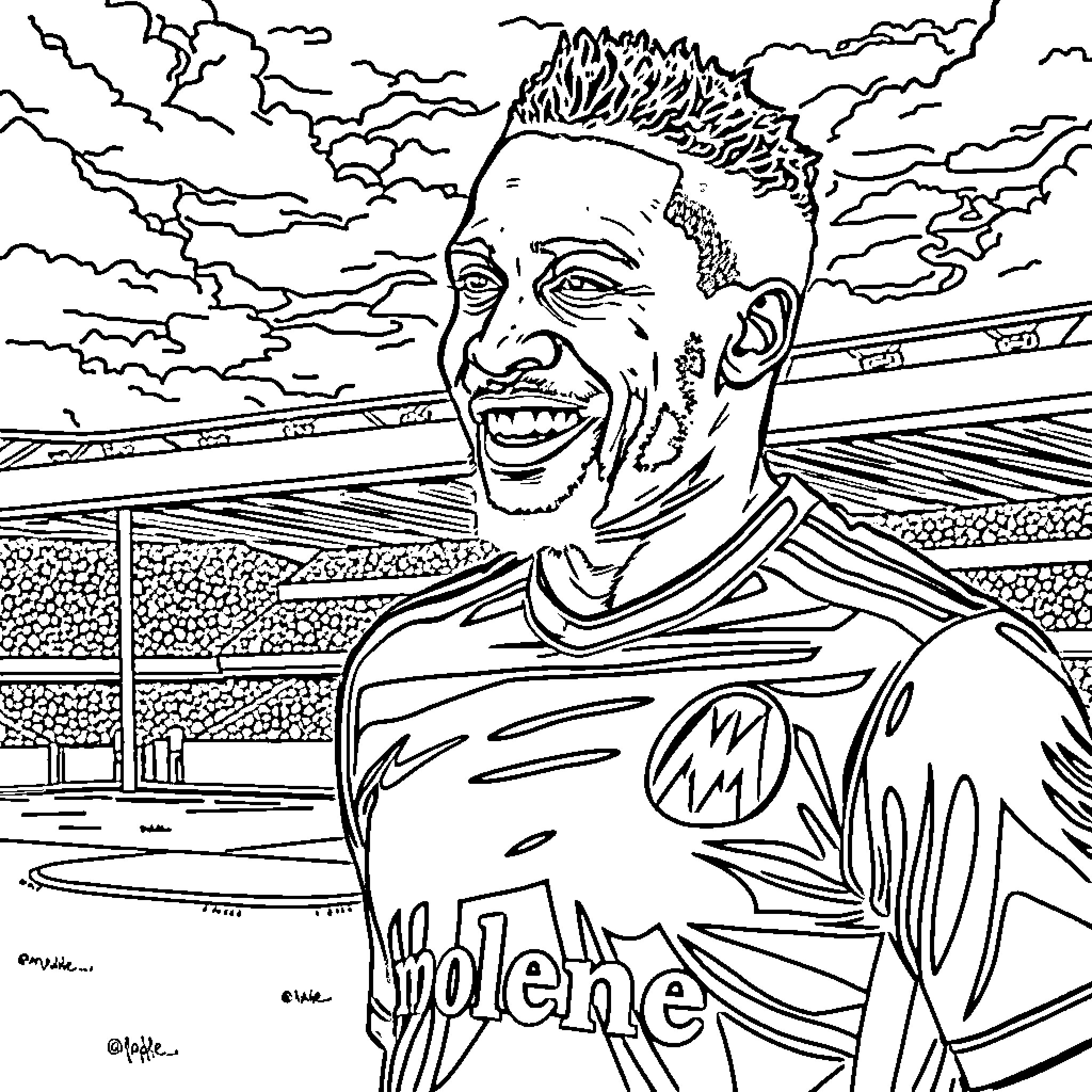 Mbappe's Energetic Pose on the Field Coloring Page (free black-and-white line drawing printable PDF for all, from beginners to advanced learners, including children, teens, adults, and seniors)