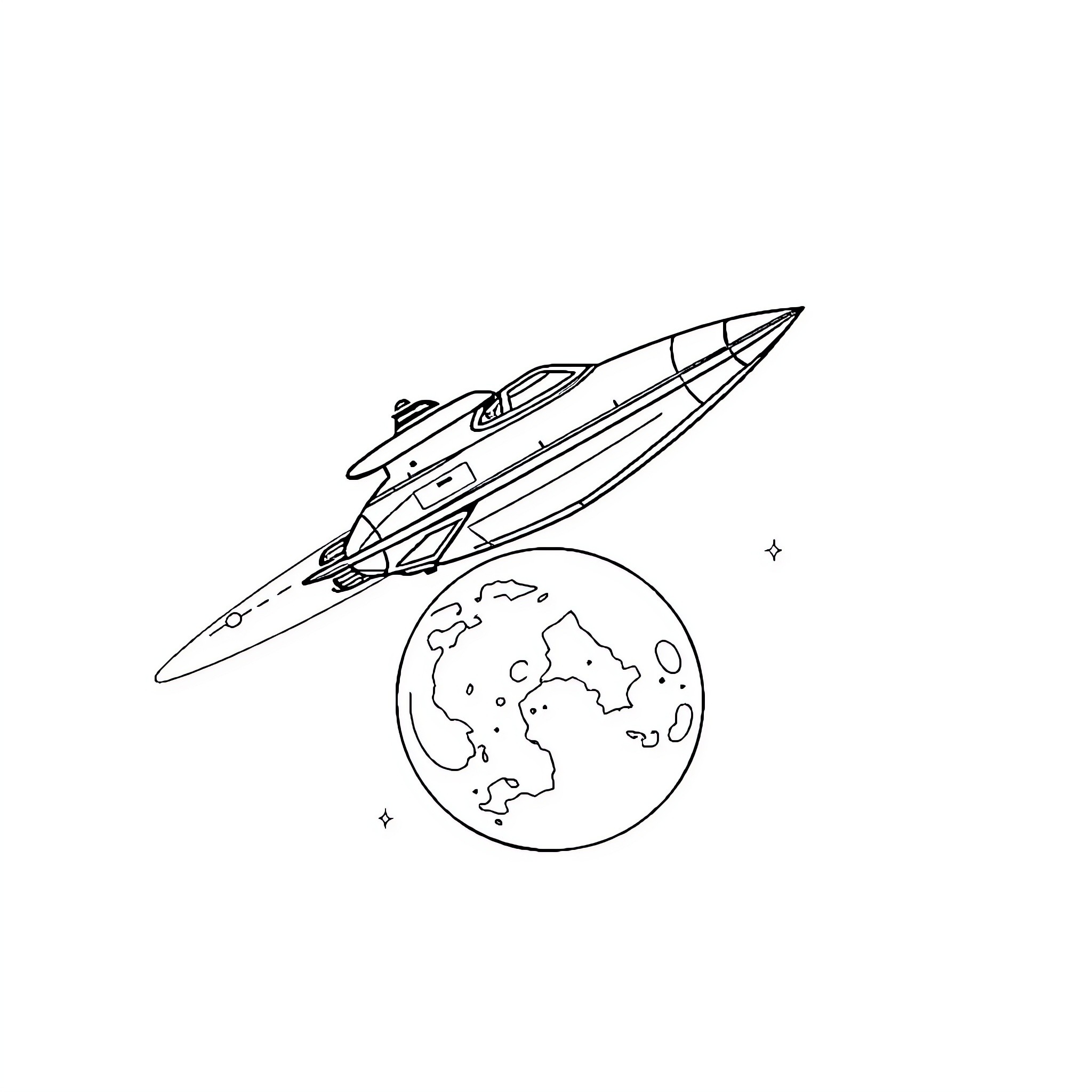 Ship exploring space above the planet Coloring Page (free black-and-white line drawing printable PDF for all, from beginners to advanced learners, including children, teens, adults, and seniors)