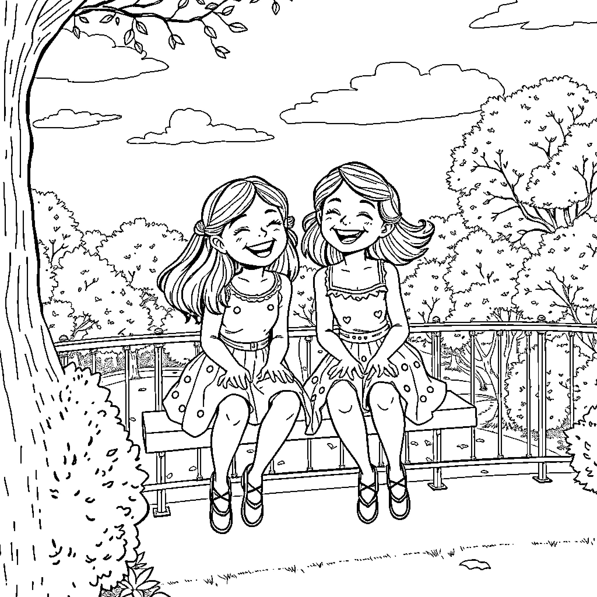 Girls laughing together on a park bench Coloring Page (free black-and-white line drawing printable PDF for all, from beginners to advanced learners, including children, teens, adults, and seniors)