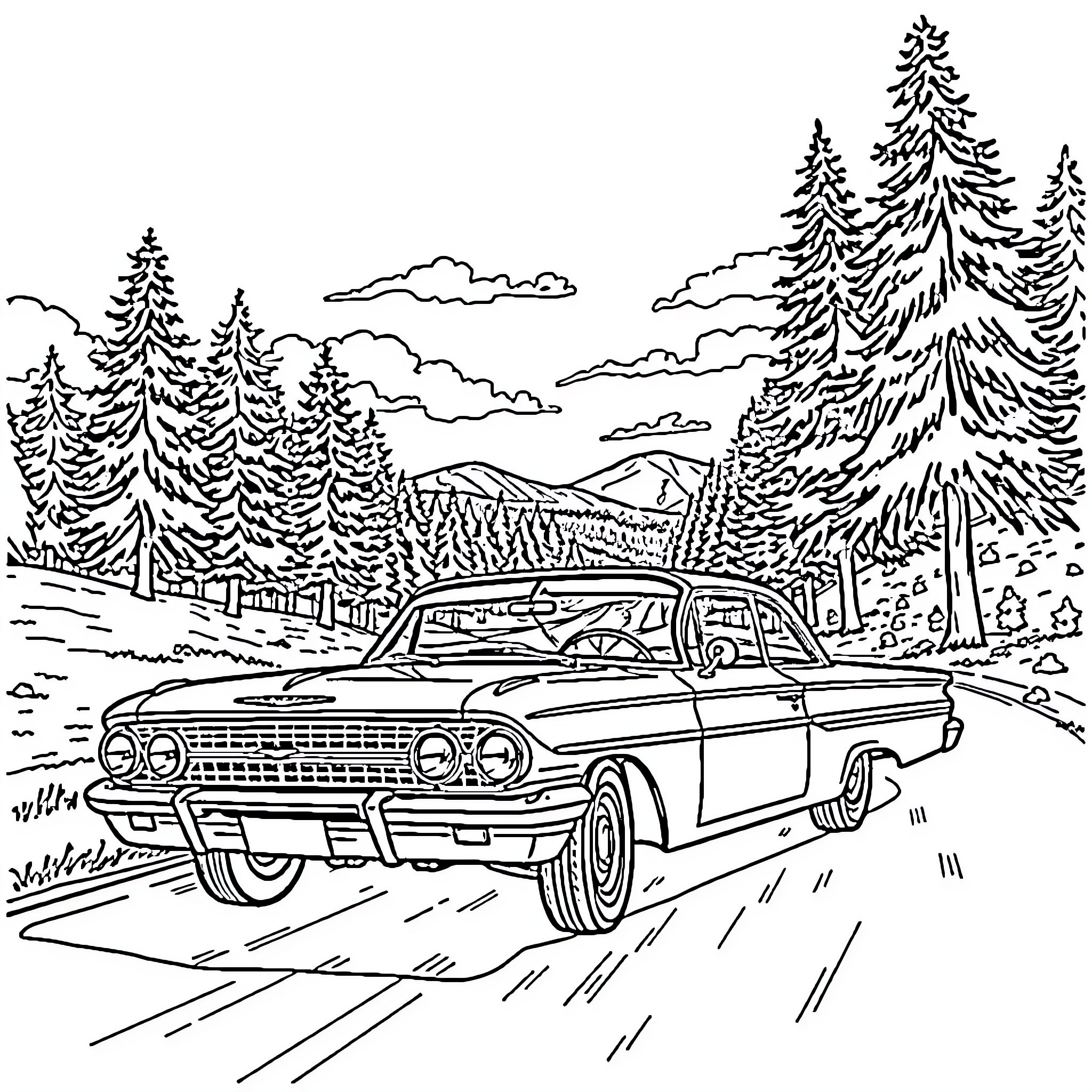 Chevrolet Classic Car Driving Through Scenic Landscape Coloring Page (free black-and-white line drawing printable PDF for all, from beginners to advanced learners, including children, teens, adults, and seniors)