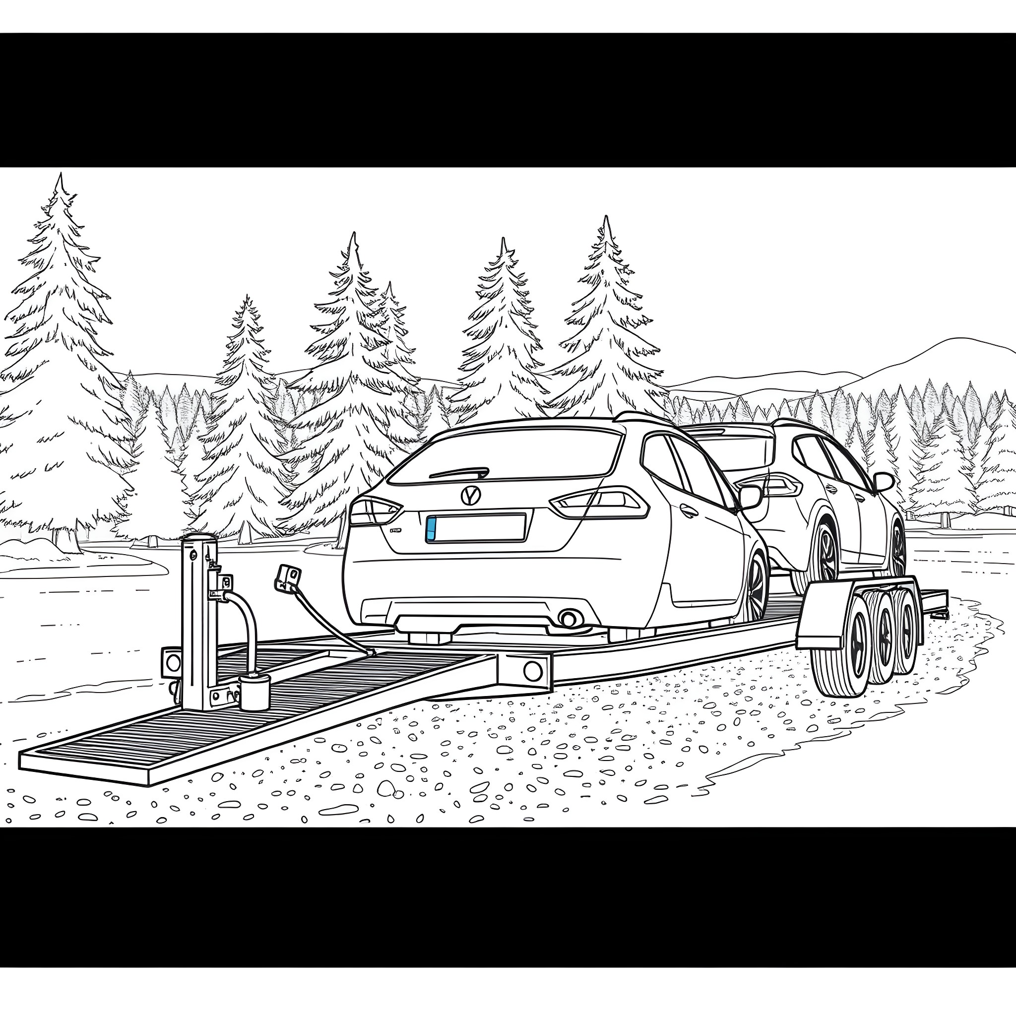 Car Trailer Transporting Vehicle in Snowy Forest Coloring Page (free black-and-white line drawing printable PDF for all, from beginners to advanced learners, including children, teens, adults, and seniors)